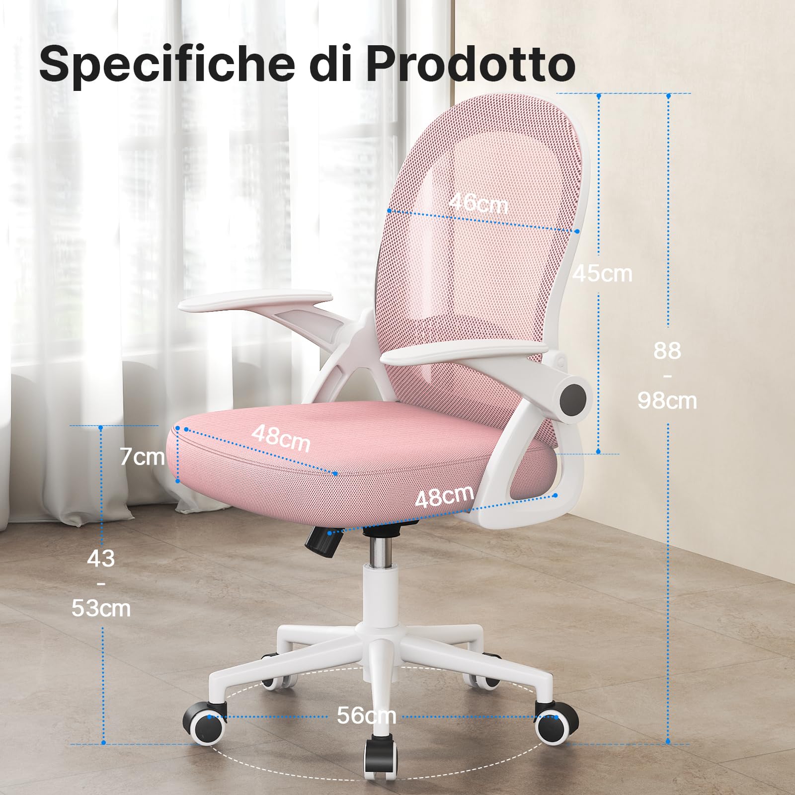 naspaluro Sedia Ufficio, Sedia Scrivania con Supporto Lombare, Poltrona Ufficio in Rete Traspirante, Sedia da Ufficio Ergonomica Braccioli e Altezza Regolabili, Rosa