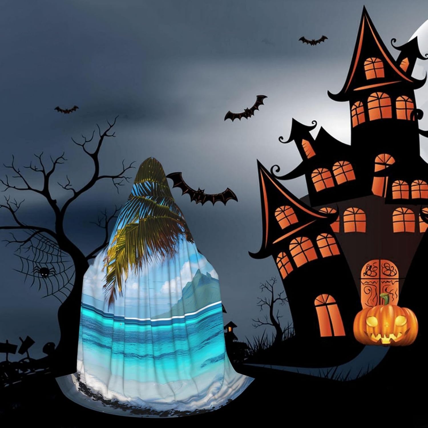 Tahiti Beach Print Renaissance Hooded Cloak Costume Clothes Halloween Medieval Costume Cape for Women Men