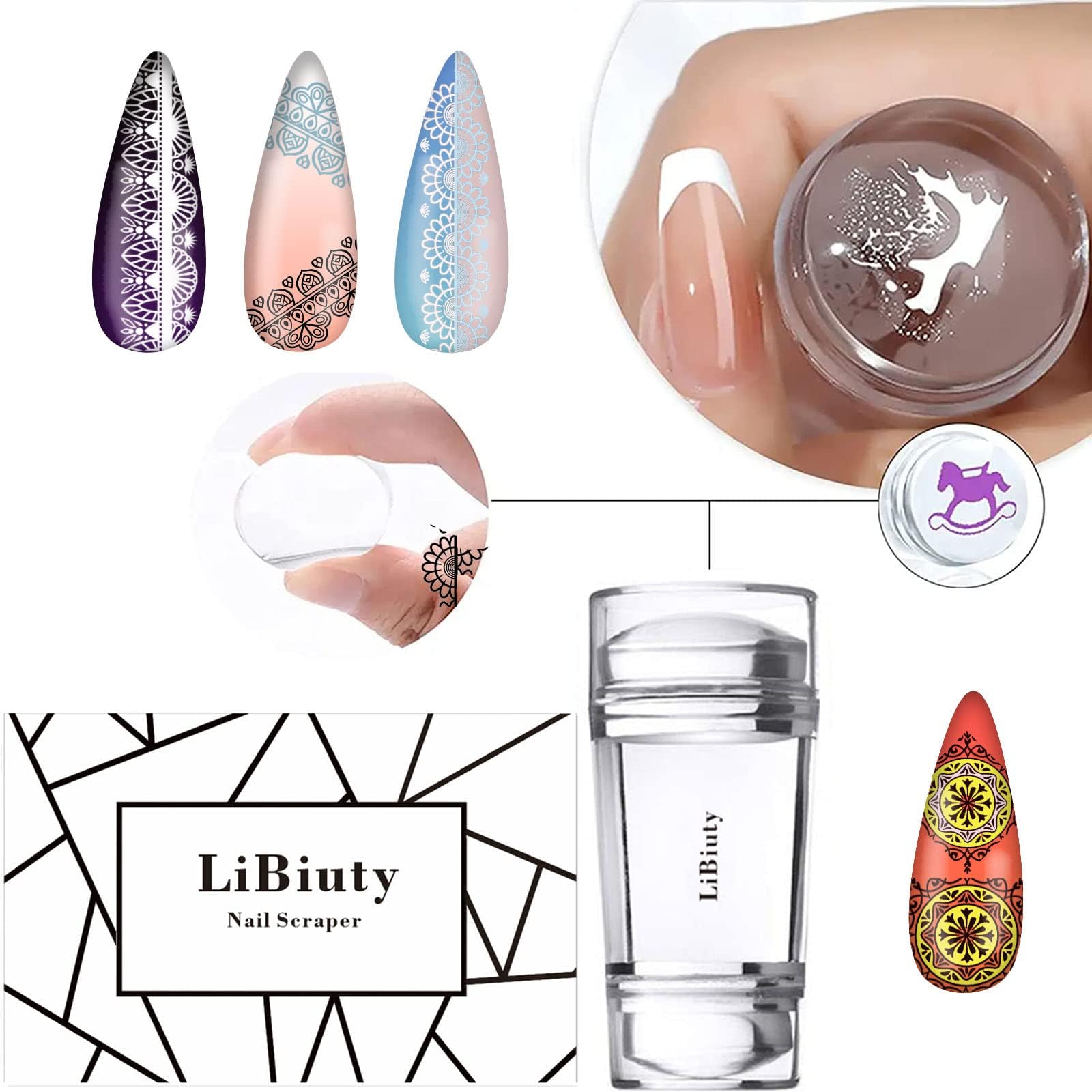 Kit di timbri per unghie, 6 pezzi, piastre geometriche in pizzo con fiori francesi, stencil per unghie con raschietto per timbri per casa, salone, manicure, accessori di design