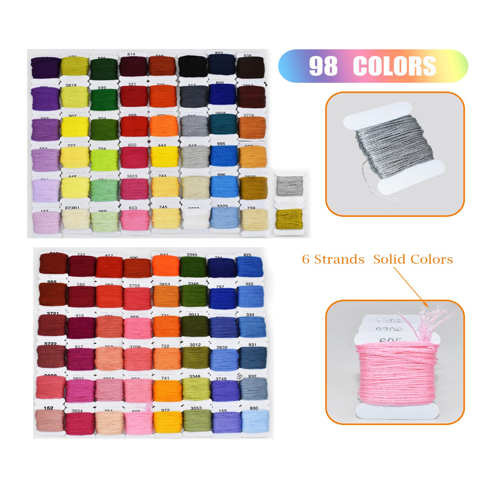 Kit de hilo de bordado, 100 % algodón, bobinas de hilo y kit de punto de cruz, pulseras, hilo dental para manualidades (96 colores)