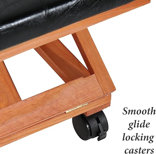 Miniatura 4 de Reposapiés plegable para debajo del escritorio, reposapiés de altura ajustable, otomana de madera con ruedas (cuero negro)