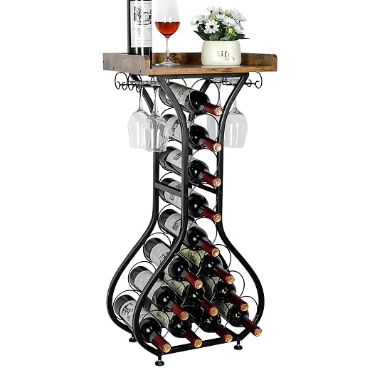 X-cosrack Wine Rack Freestanding Floor, Mini Bar Table Wine Holder Stand Liquor Cabinet with Glass Holder Wood Tabletop 14 Bottles Floor Wine Storage for Home Bar Kitchen Living Room