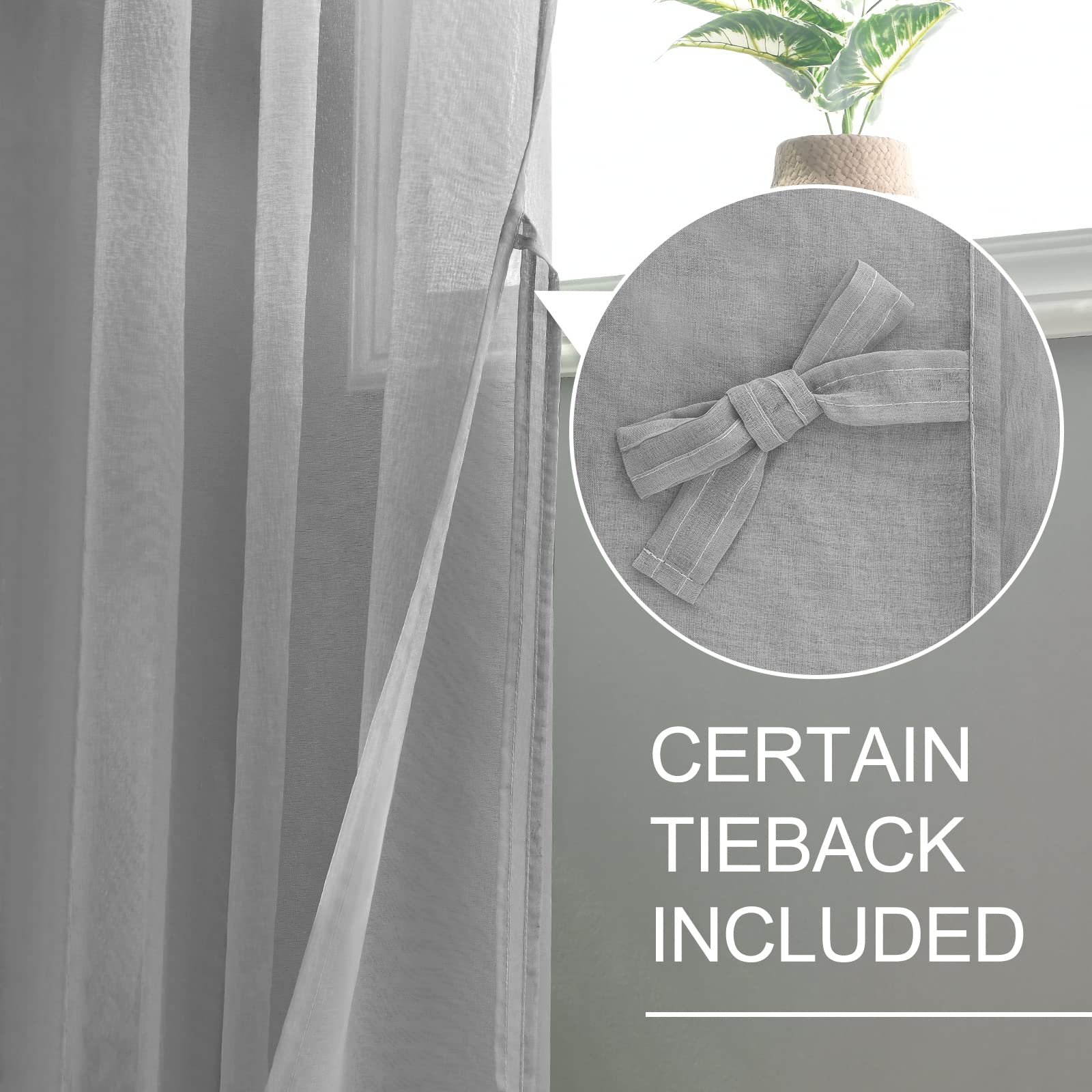 XWZO Sheer Curtains 2 Panels Linen Look Voile Curtains Semi Transparent Grommet Tieback Window Curtains for Bedroom,Light Filtering,Airy & Breathable Voile Drapes,Gray,W55*L90 - Image 3