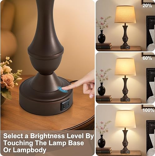 Miniatura 4 de Luvkczc Juego de 2 lámparas de mesa de 22 pulgadas, lámpara de noche marrón vintage con pantalla de tela beige, regulable, puertos USB C+A, lámpara