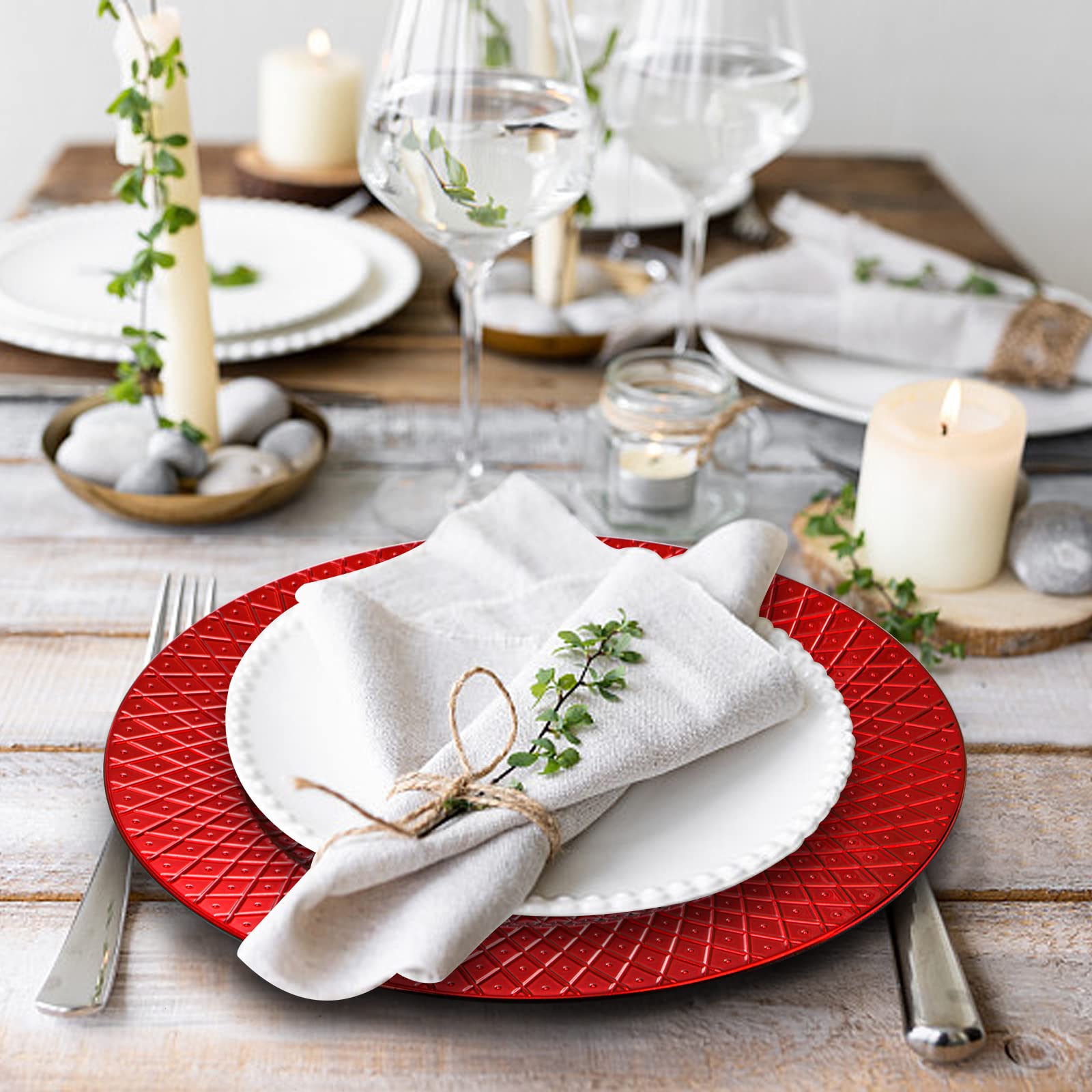 Frcctre 12 Pack Red Charger Plates, 13 Inch Decorative Diamond Pattern Round Plastic Charger Dinner Plates, Reusable Elegant Serving Plates for Wedding, Dinner Party, Event Table Decoration