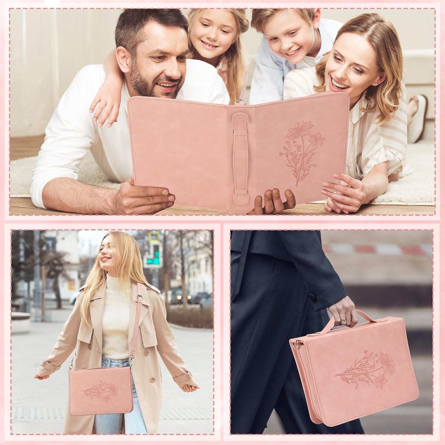 19PCS Floral Pink Leather Bible Cover for Women Bible Cover Cases for Teen Girls Christmas Gift Christian Bags Journaling Kit with Shoulder Strap Highlighter Pens & Book Marker 10.47 * 7.48 * 2.17in