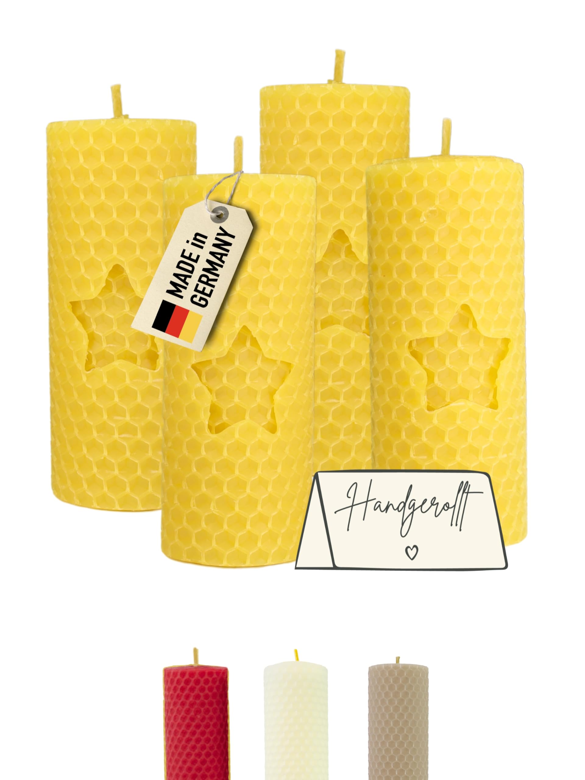 Wachsmann Adventskerzen 4er-Set gelb Stern – 100% Bienenwachs, handgerollt, Made in Germany – Stumpenkerzen für Adventskranz & Weihnachten (4×10 cm, 6 Stunden Brenndauer), Bienenwachskerzen Geschenk - Image 1