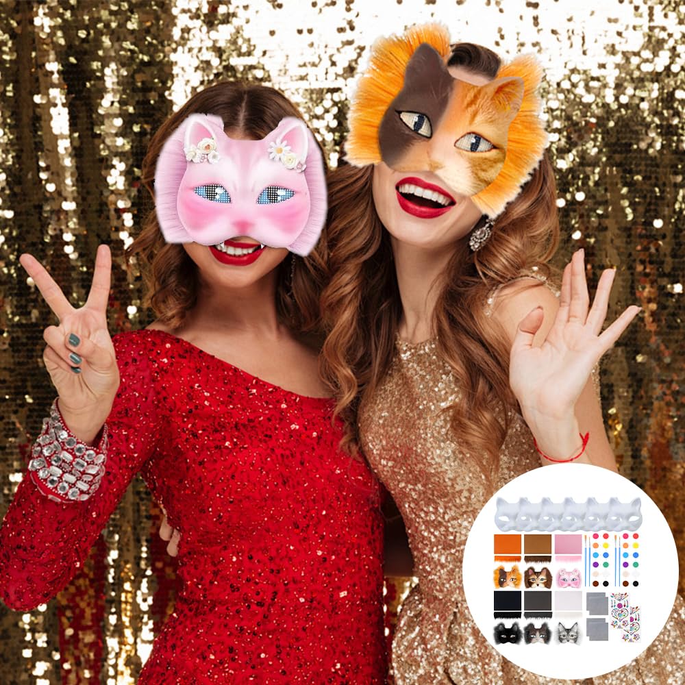 Maschera Gatto, 6 Pezzi Therian Mask, Maschere Dipinte a Mano, Maschera da Gatto Bianca, Mascherina di Carta Bianca di DIY per DIY Cosplay Feste Maschera Carnevale Halloween