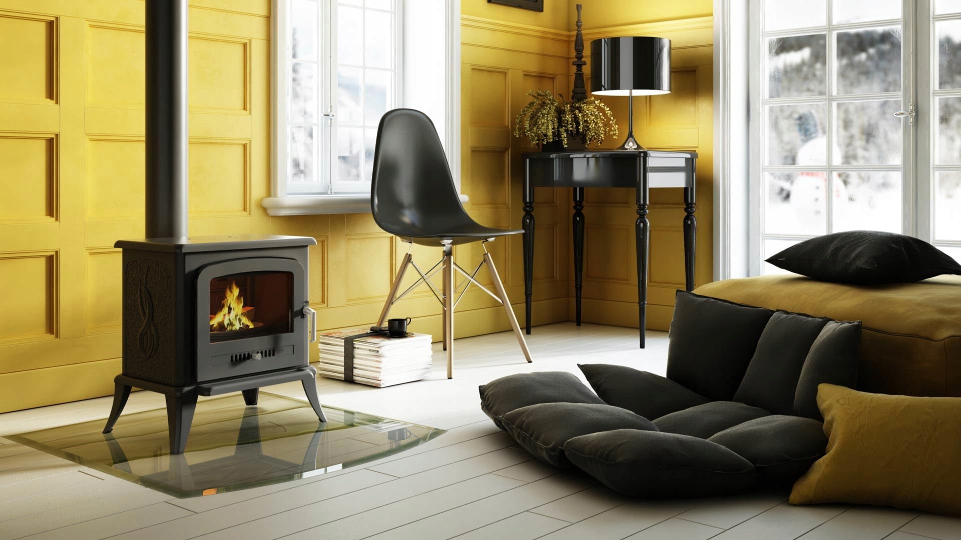 KRATKI Stufa a legna in ghisa KOZA K7 5kW Ø130mm - riscaldamento efficiente gamma di potenza 3-8kW, Stufa in ghisa ECO-DESIGN Stufe Classe di efficienza energetica A con Guanti termoresistenti inclusi
