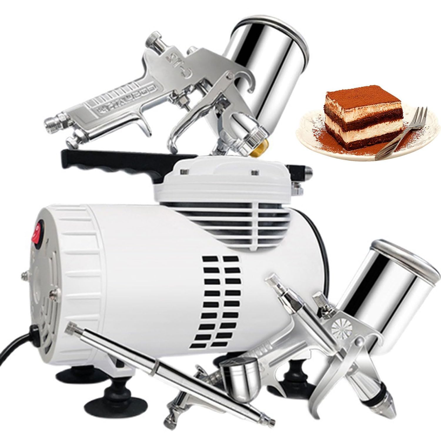 Kit de aerógrafo para tartas de alta eficiencia de 180 W con 3 pistolas, compresor de doble ventilador, perfecto para decoración de postres y hornear, soplador de 70 l/min, máquina de chorro de arena