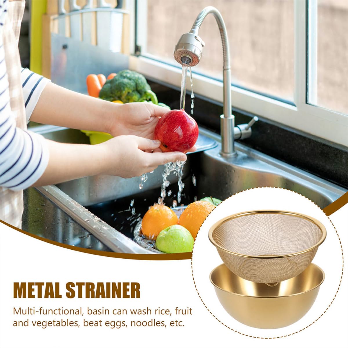 Colador Escurridor de Arroz y Verduras 2 Piezas Acero Inoxidable 24 Cm Color Dorado Multifuncional para Lavar Frutas Utensilios de Cocina Hogar