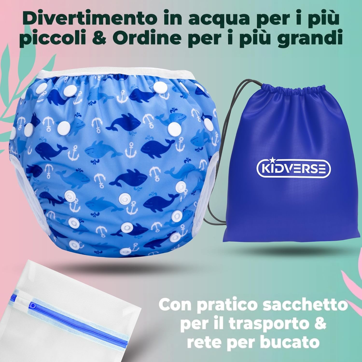 KIDVERSE Pannolini Acquatici Baby Costume da Bagno 0-3 Anni – Pannolino Piscina Neonato Regolabile con Borsa e Rete