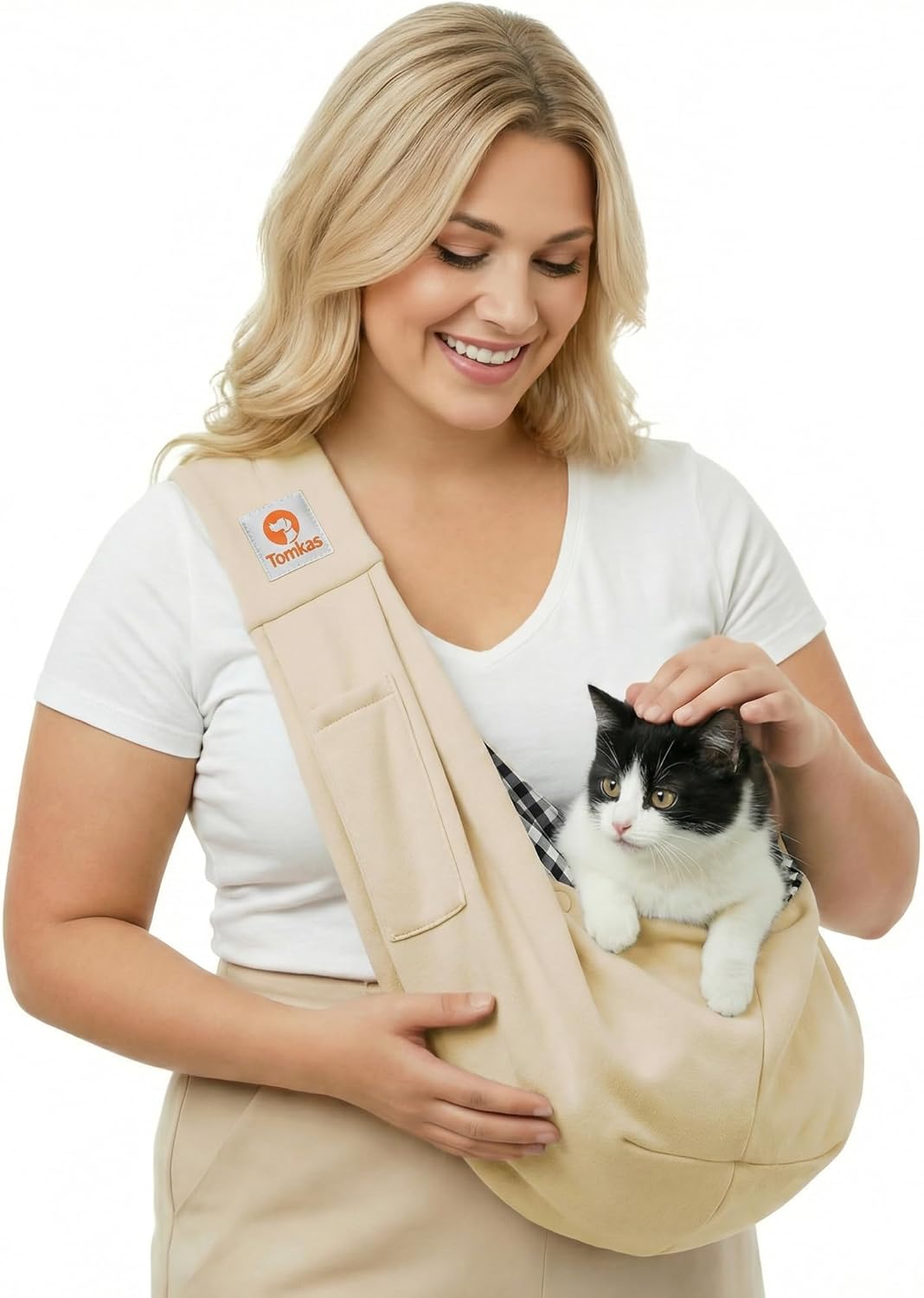Tomkas Small Dog Sling Carrier - Zipper Pocket & Adjustable Strap & Zip Pocket - for 3-10 lbs Pets (Cream, M - Classic Pocket & Classic Strap)
