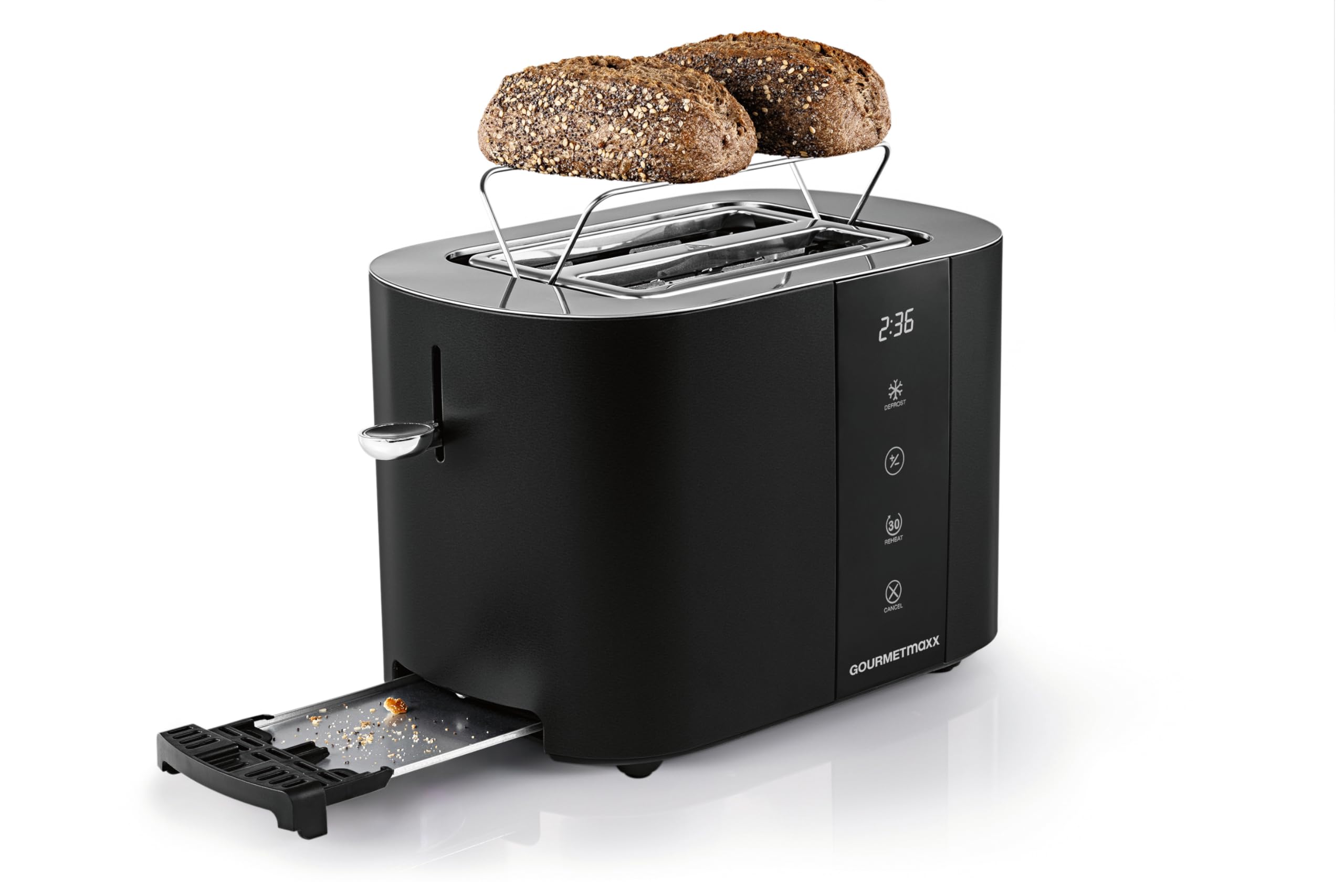 GOURMETmaxx Tostadora corta para 2 rebanadas | Tostadora negra con 6 niveles de bruñido y cuenta regresiva Ready 2 eat | Aparato de cocina eléctrico con pantalla táctil, soporte para pequeños