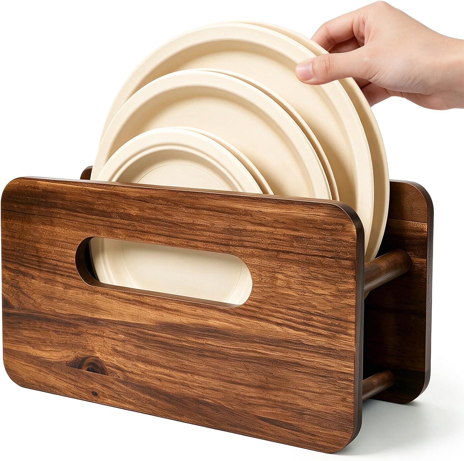 Paper Plate Organizer, Wood Plate Dispenser for 7-12 Inches Plates