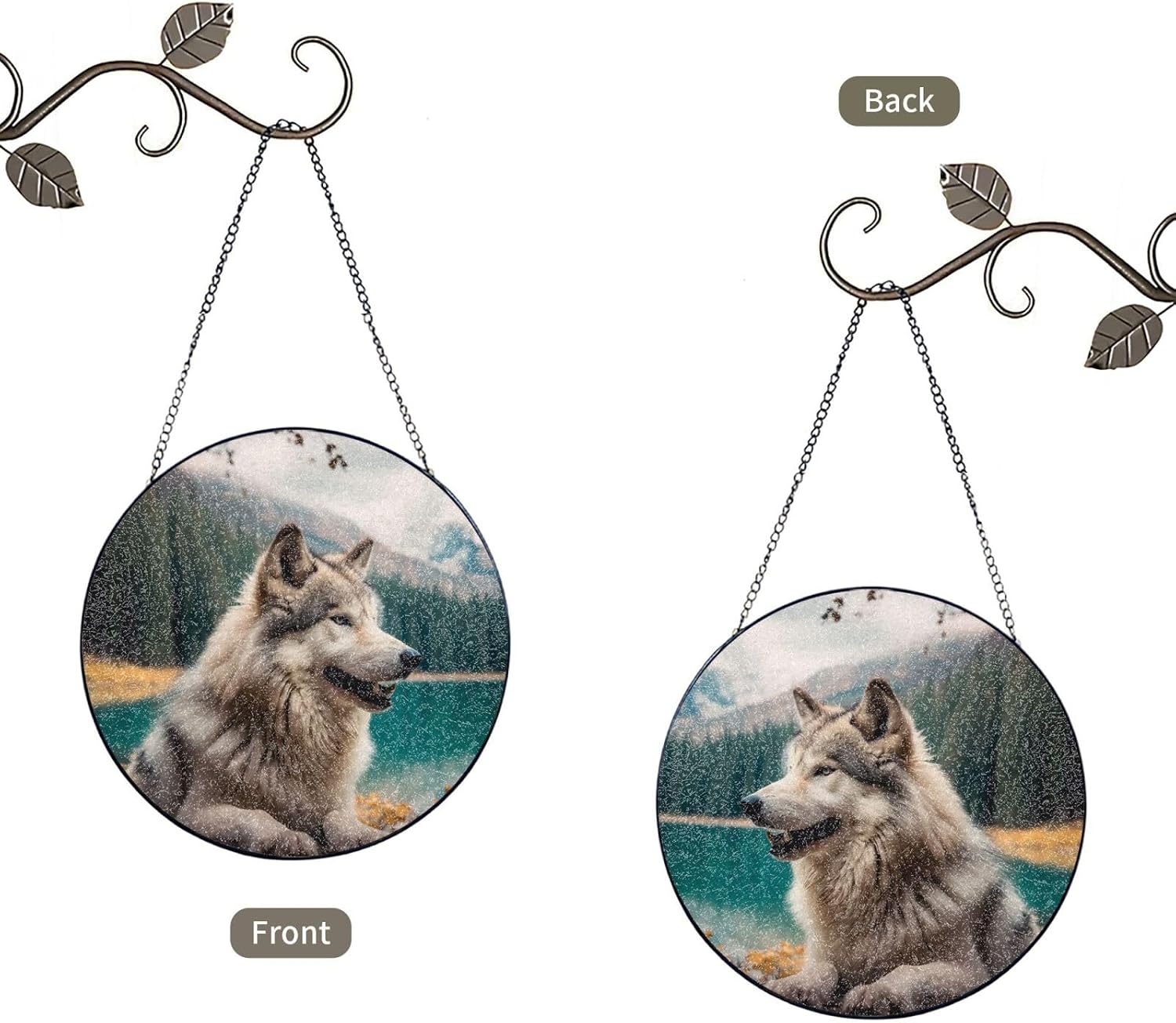 Stained Glass Window Hanging 6in（15cm）, Fun Animal Wolf Glass Suncatcher for Home Decor, Indoor Wall Art Glass Panel with Metal Chain and Hooks, Sun Catcher Ornament Birthday Gifts