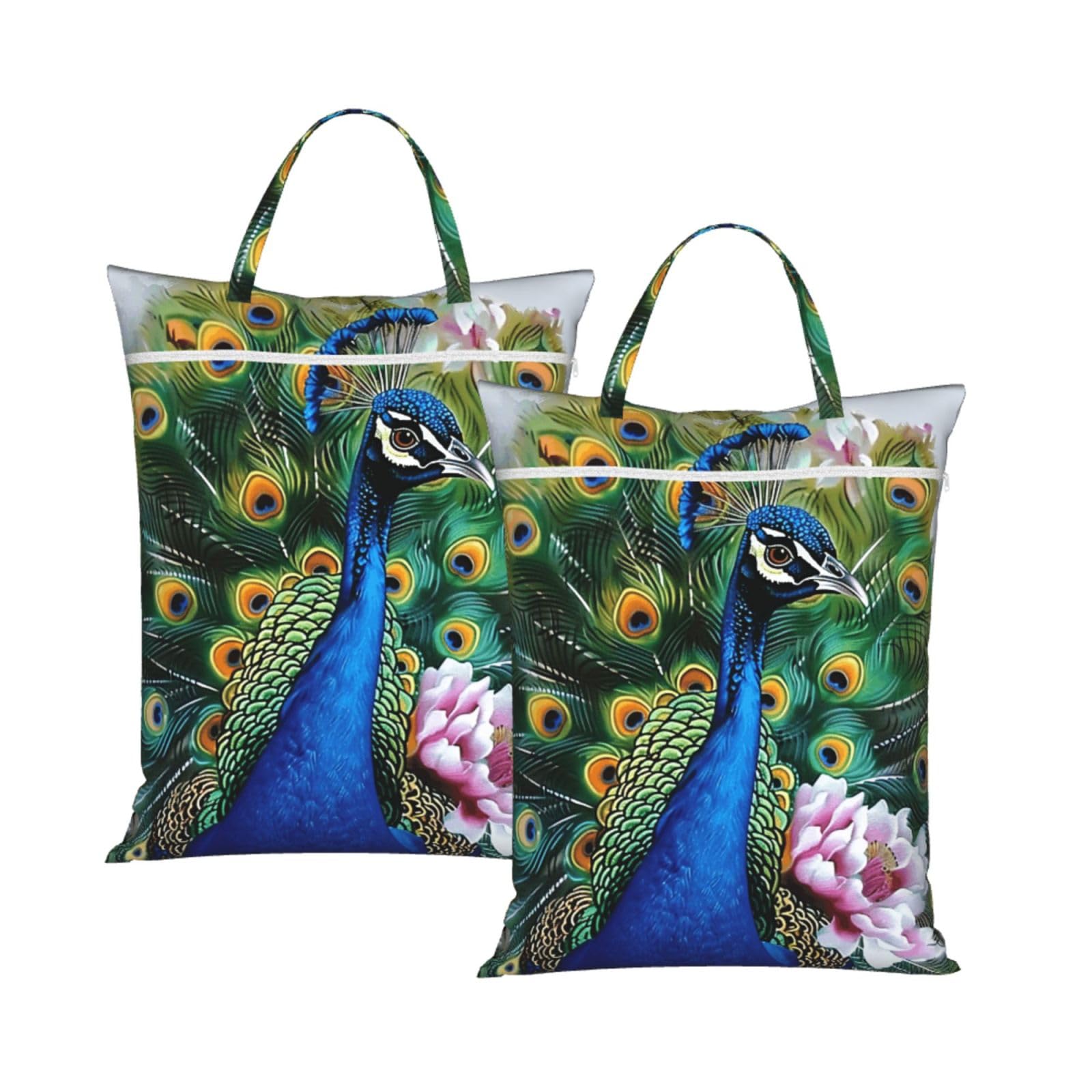 Large Travel Laundry Bags,Peacock Print with Handle Foldable Laundry Bag for Holidays Gym Swimming and Family Trips, 2Pcs
