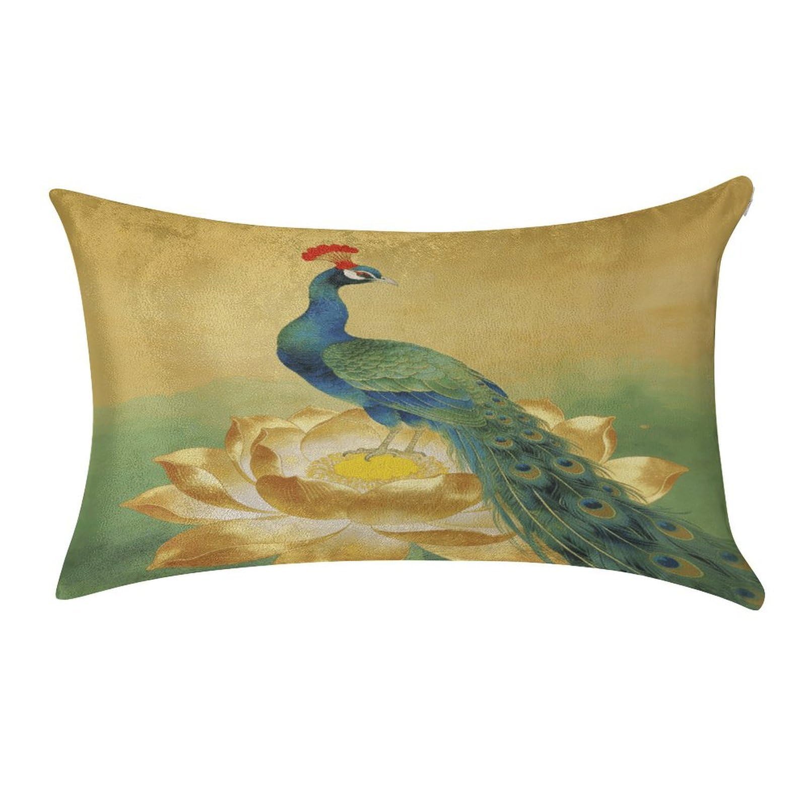 Fodpand Style Peacock On Golden Lotus Pillowcase,Elegant Designed Home Decor,Velvet Pillowcase,Soft And Cozy,Pillow Case Cover With Hidden Zipper For Bedroom, Sofa, Couch