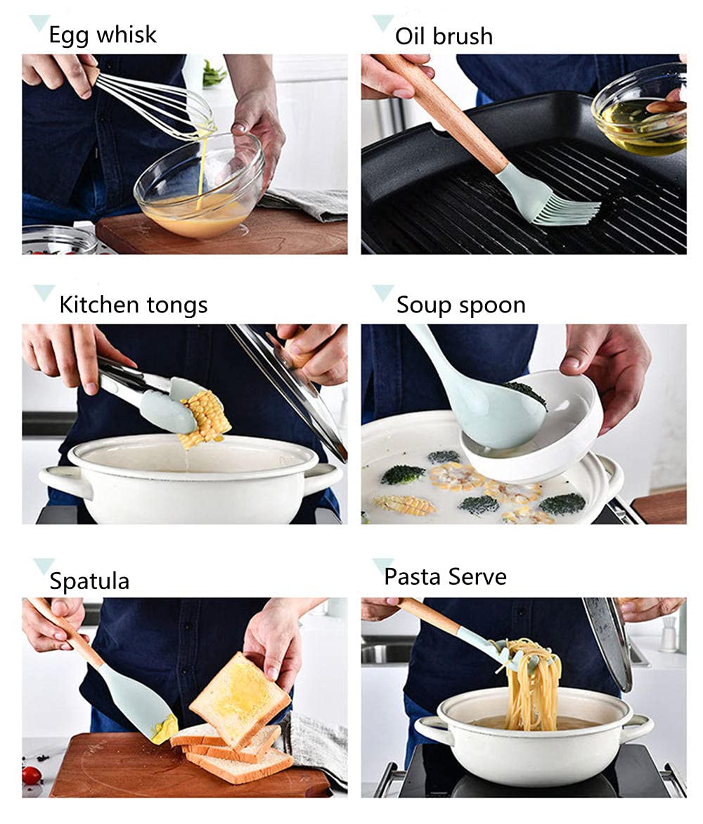 Set di utensili da cucina in silicone con manici in legno, strumenti da cucina resistenti al calore per pentole antiaderenti, gadget da cucina essenziali per la cucina quotidiana