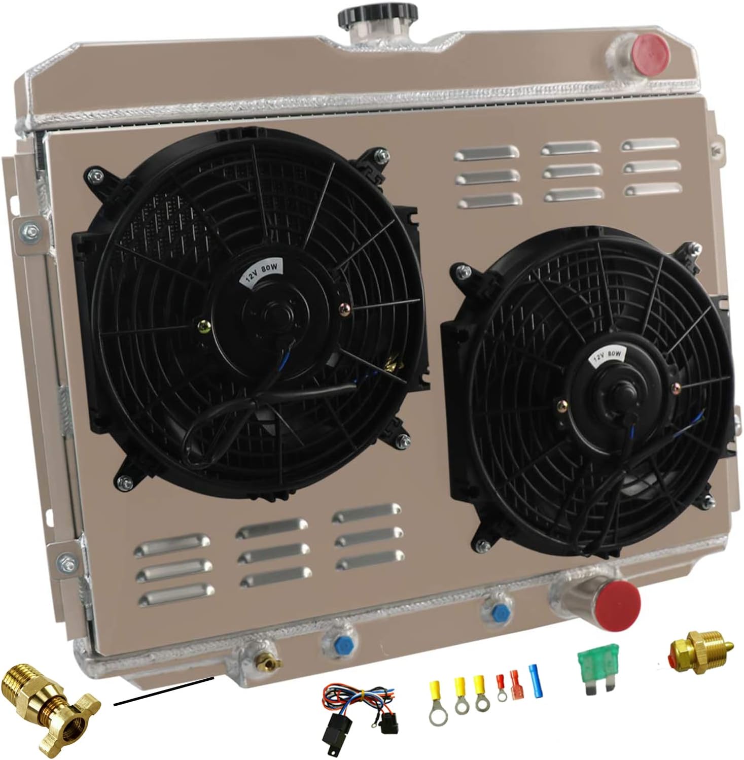 Aluminum Radiator for 1967 1968 1969 1970 Ford Mercury Mustang Cougar Fairlane Ranchero V8 L6 3.3L 4.1L 7.0L Base 500 3 Row Radiators Shroud Fan Thermostat Relay Kit