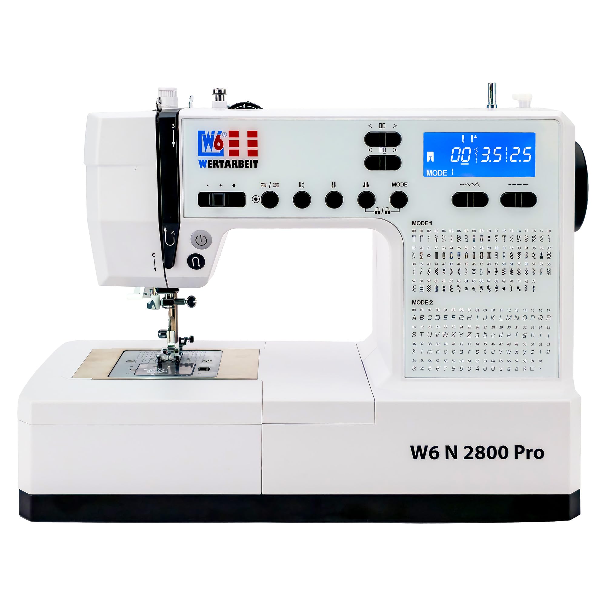 W6 WERTARBEIT N 2800 Pro Nähmaschine (Freiarm Super Computer-Nähmaschine (143 Programme & Alphabet: Buchstaben, Zahlen & Sonderzeichen nähbar)) weiß - Nähanpressdruck - Start/Stopp-Taste - Knopflöcher