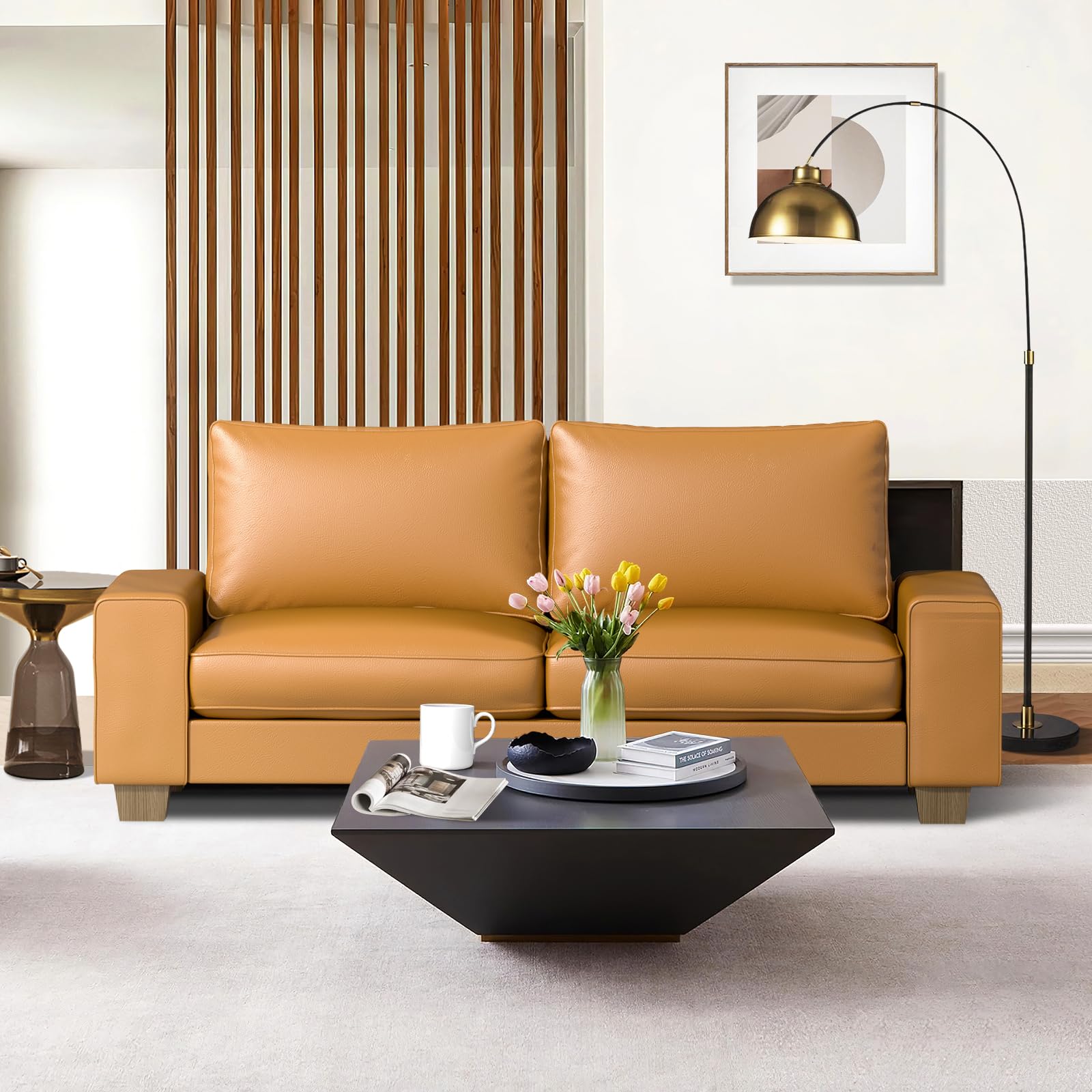 Faux Leather Couch Mid Century Modern Comfy Loveseat Sofa Wide