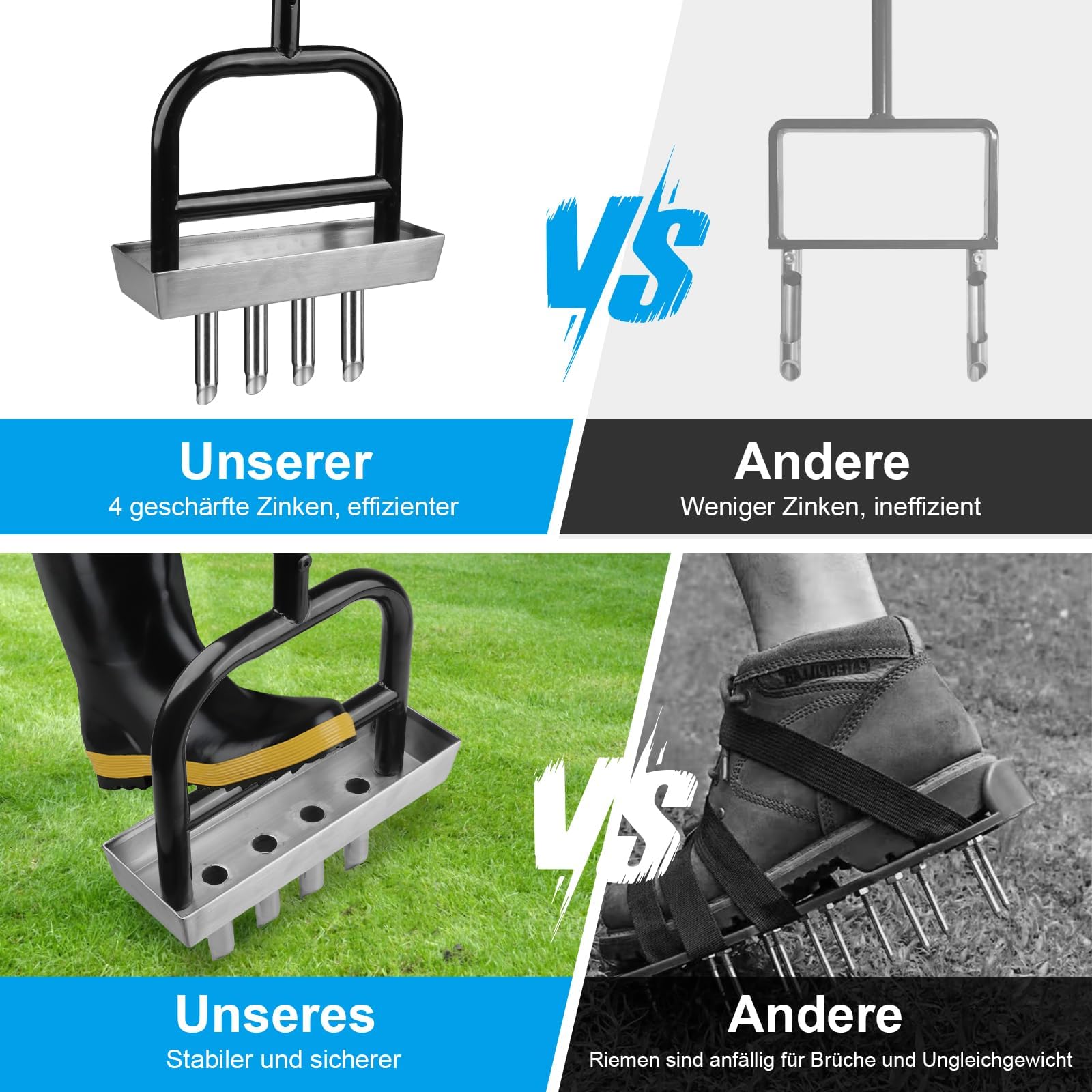 Handbetriebener Rasenlüfter mit 4 Dornen & Auffangschale – Hebel-System für müheloses Lüften, T-Griff & rostfreie Stahldorne für Rasen & Garten