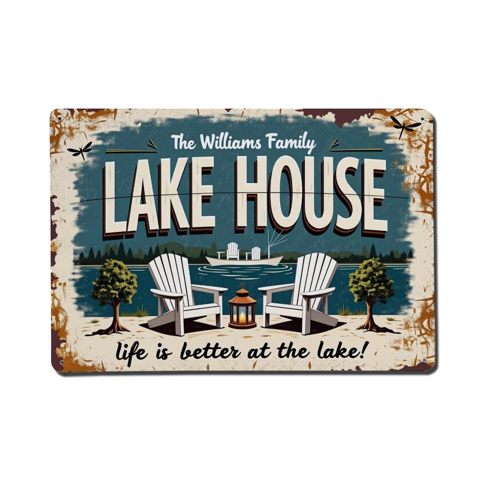 Enderetf Vintage Lake House Family Scene Print Tin Sign Metal Poster, Home Bar Garage Man Cave Cafe Indoor & Outdoor Wall Decoration 8X12inches
