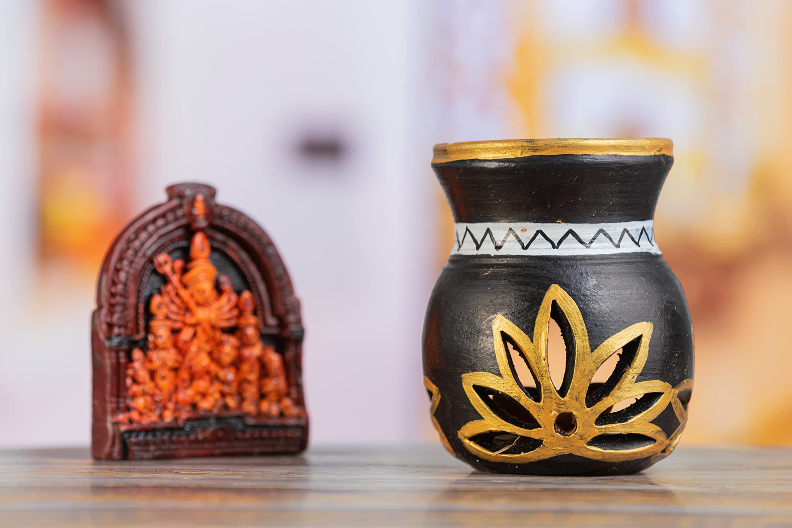 Karru Krafft Handcrafted Terracotta Oil Diffuser/Kapoor Burner/Candle Holder and Durga Idol Set for Home Fragrance, Pooja Decor, Festive Decor, Diwali Decor, Home Deco(KKTCDF-217899BLACKOILDIFFUSER) - Image 2 thumbnail
