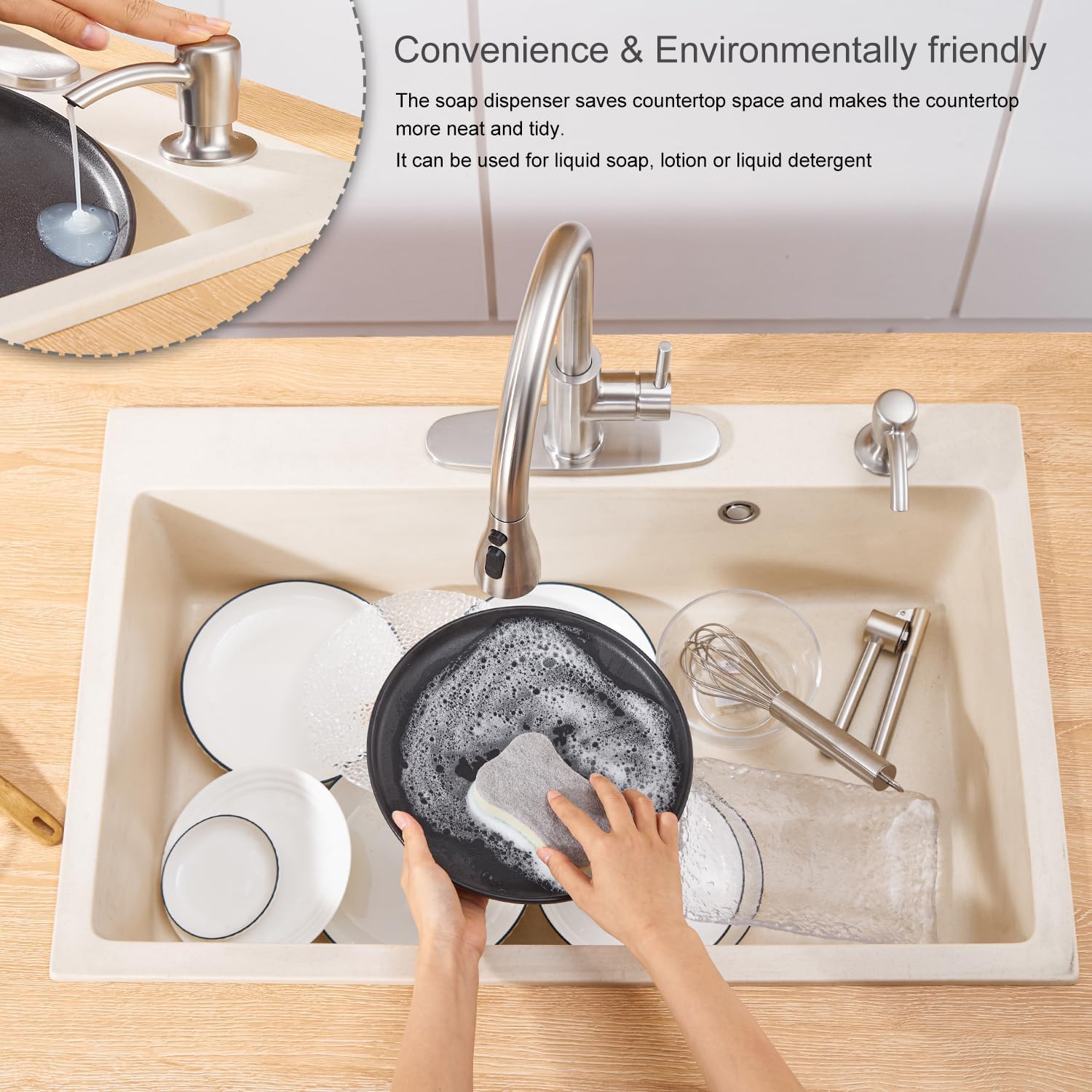 GAGALIFE Kitchen Sink Soap Dispenser with 17 OZ Large Bottle - Sink Soap Dispenser for Kitchen Sink, Refill from The Top (Brushed Nickel)