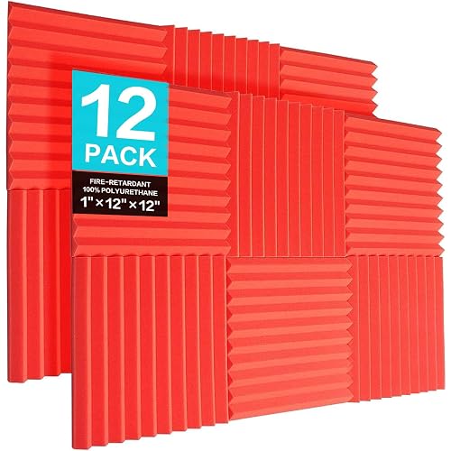 JBER 12 Pack Acoustic Foam Panels, 1" X 12" X 12" Studio Soundproof Wedge-Shaped Fireproof Soundproof Liner Acoustic Treatment Foam (red)