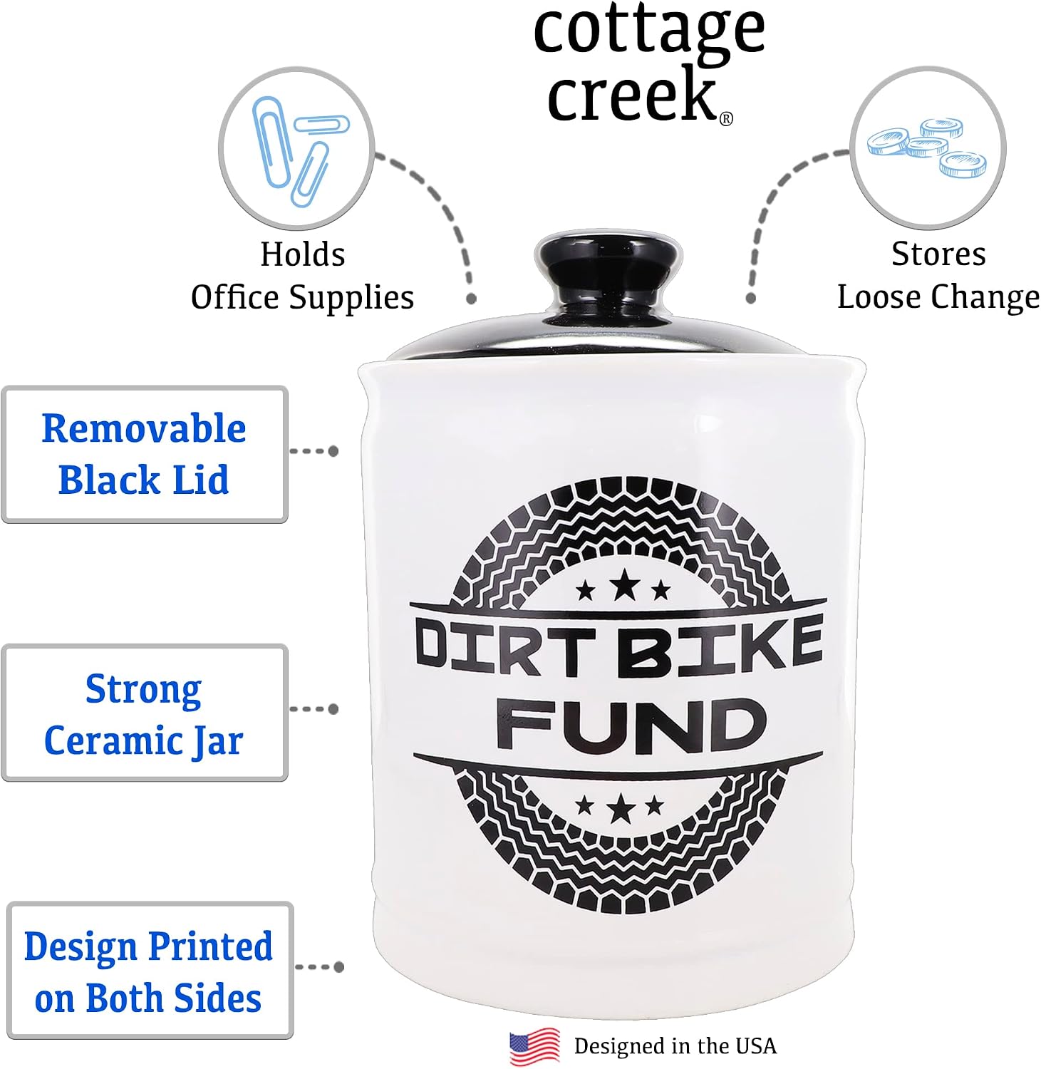 Cottage Creek Dirt Bike Fund Ceramic Jar with Lid - Fun Piggy Bank & Candy Jar, for Men, Dad, & Boyfriend - Cool Desk Decor & Dirtbike Accessories for Motorcycle, Motocross, & ATV Riders