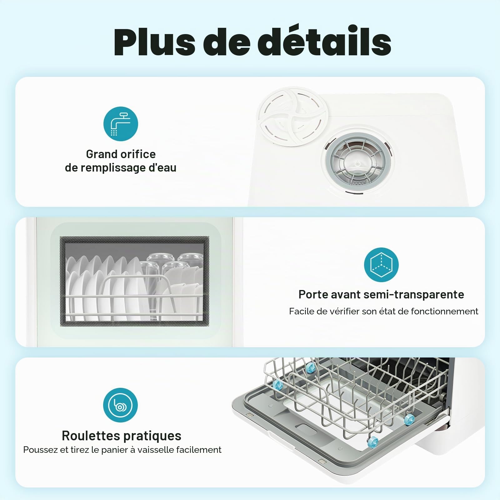 Mini lave-vaisselle, lave-vaisselle de table 4-6 personnes, lave-vaisselle de table énergétiquement efficace avec 4 programmes, séchage par air chaud et antibactérien 72h, Blanc