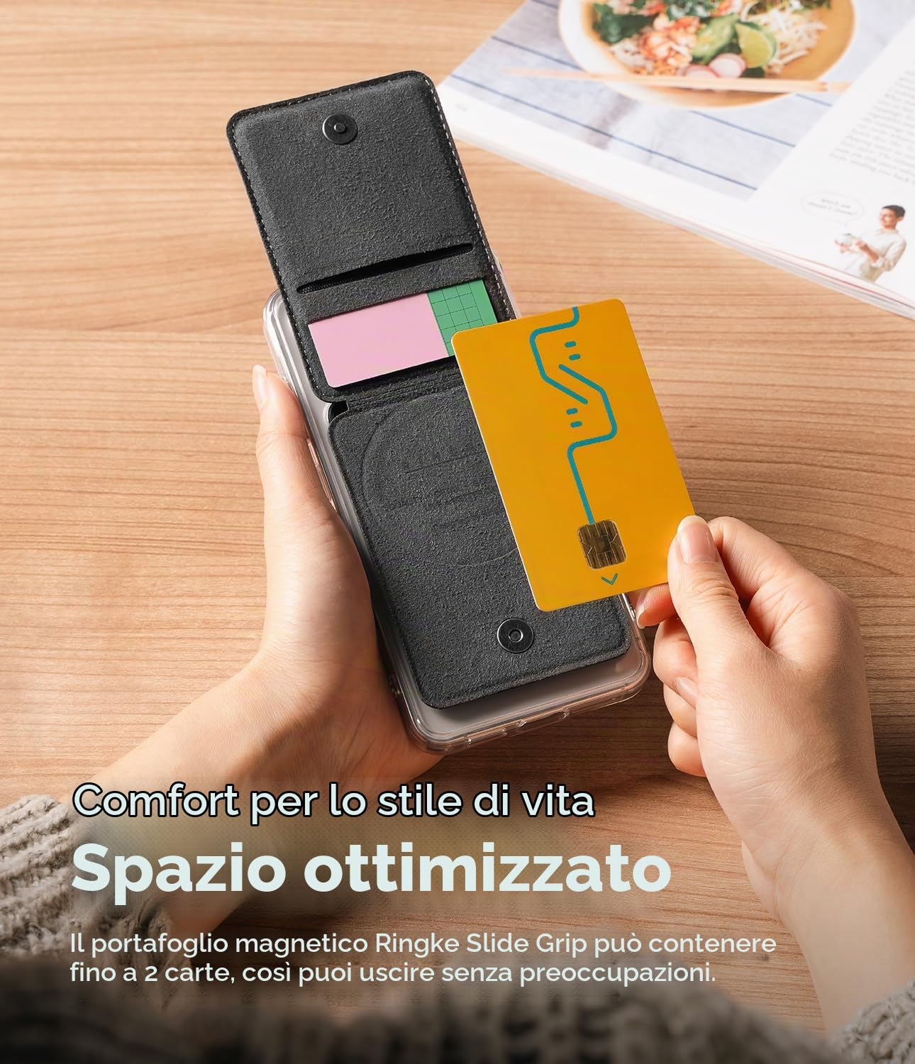 Ringke Slide Grip Wallet Magnetic, Porta Carte Magnetiche in pelle PU con Funzione di Impugnatura Regolabile e Compatibile con Custodie Magnetiche per Telefono - Black