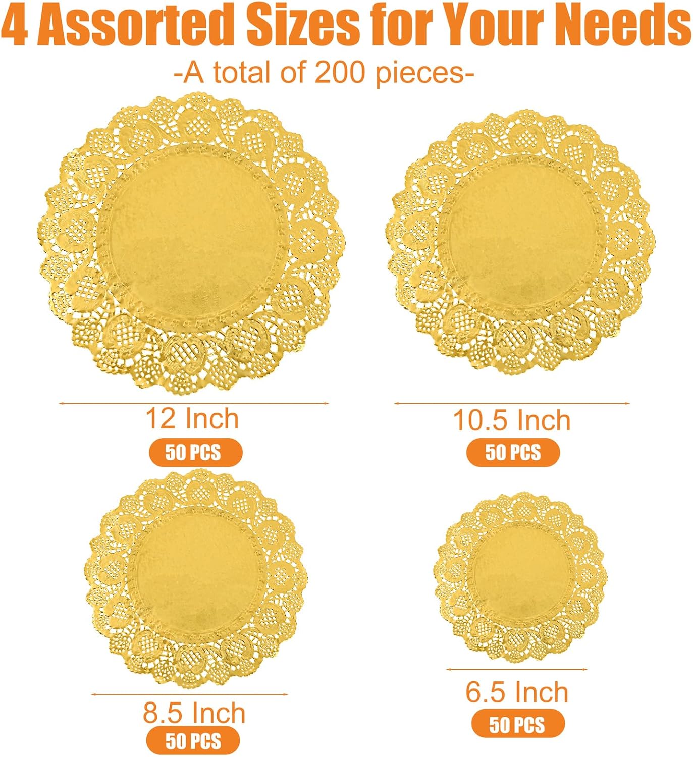 Aodaer 200 Pack Round Gold Lace Doilies Disposable Decorative Placemats Assorted Size 6.5, 8.5, 10.5, 12 inch Table Paper Mats for Buffet Cake Food Party Wedding Tableware Decoration