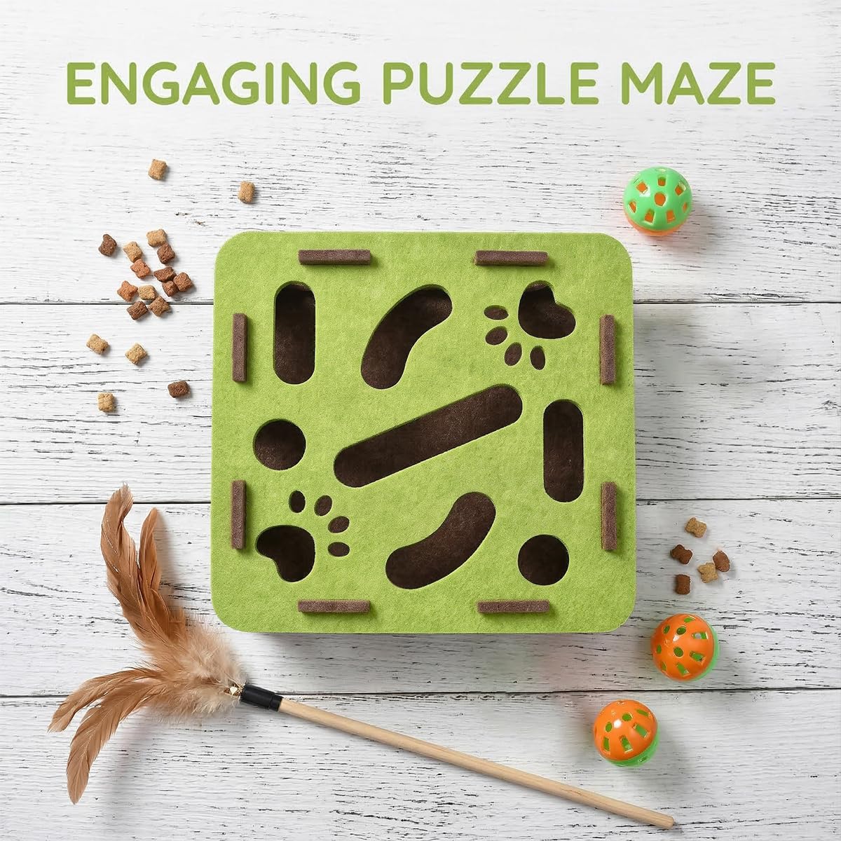 Labyrinthe Jouet en Feutre pour Chat Vert/Marron - 30 x 30 x 7 cm avec 3 Boules Cloches Boîte à gratter Puzzle interactif en Feutre Fenêtre Interactive pour Chats et Chatons