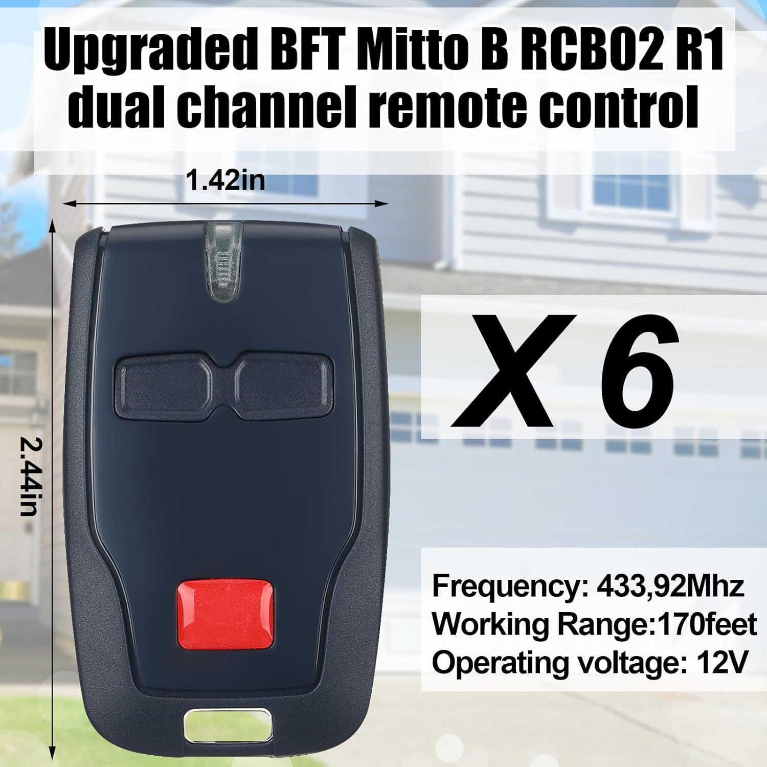 Kingdder 6 Pcs 2 Channel Remote Control Compatible with BFT Mitto B RCB02 R1, 433.92mhz Gate Opener Remote Control Transmitter for All Kinds of Doors, Easy to Program