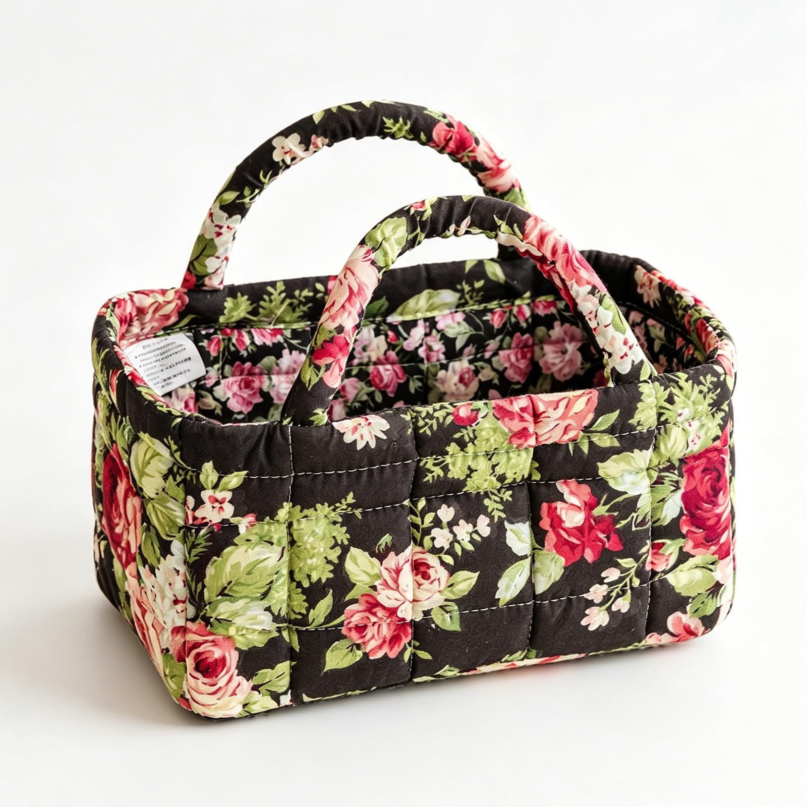 3L Floral Quilted Fabric Storage Basket, Portable Small Organizer Bin with Double Handles, Collapsible Cotton Makeup Basket for Bathroom Desktop Cosmetic Sundry Home Storage(2)
