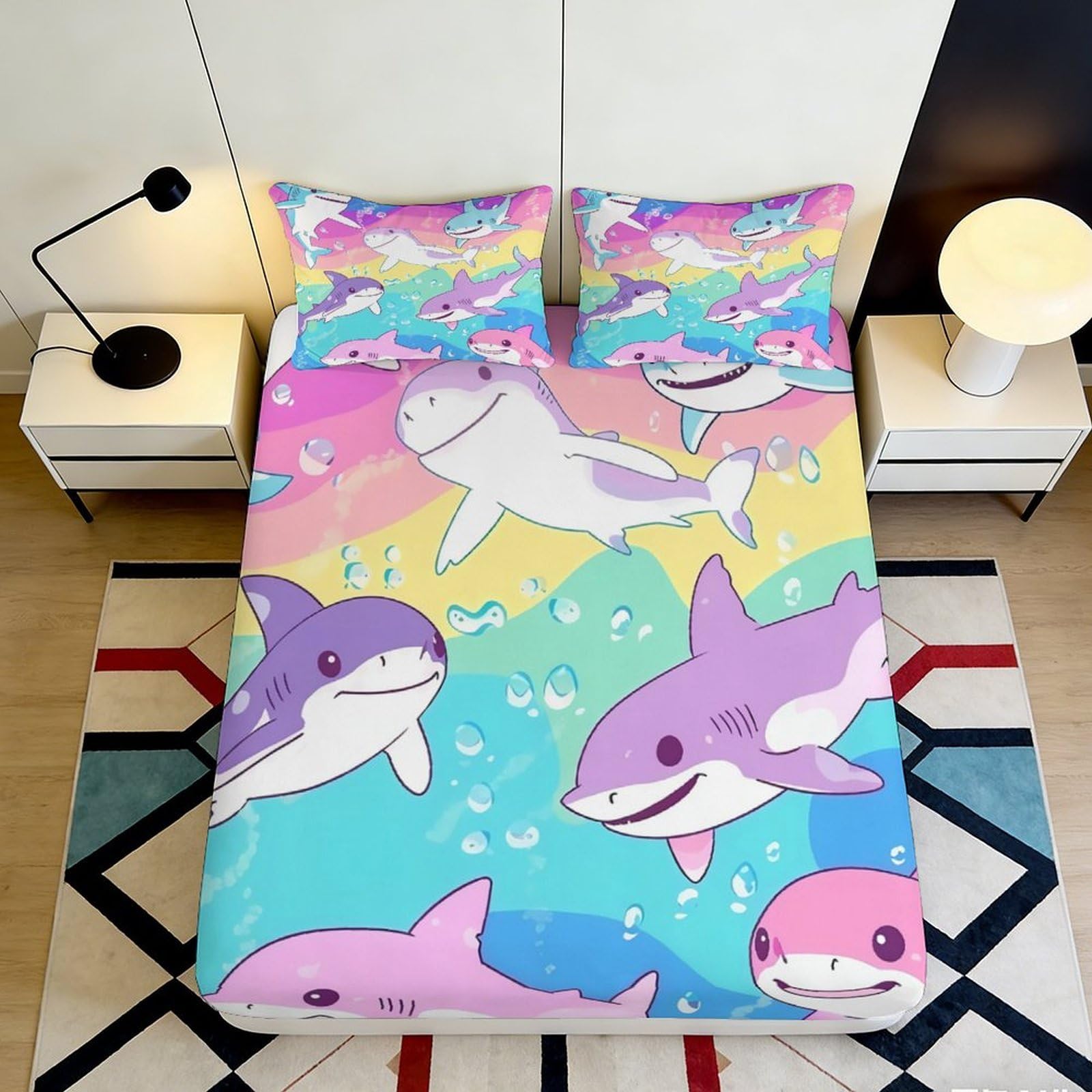 3D Printed Colorful Cartoon Shark Fitted Sheet Microfiber Soft Breathable Rainbow Bed Sheet for Bedroom Dormitory Guest Room Mattress Protection Decor 120x200x25cm