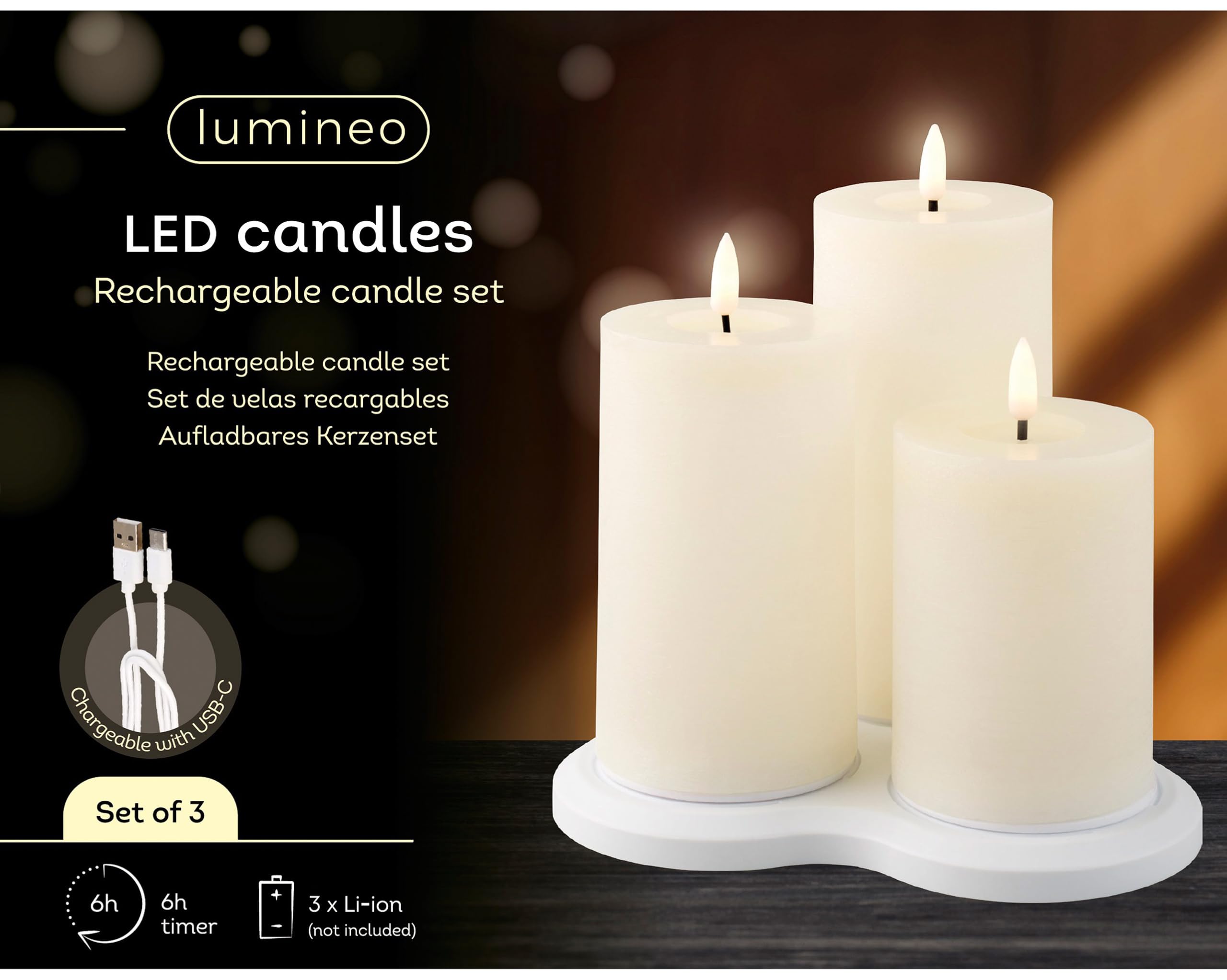 LED Kerzen mit Timer 12,5-17,5cm Wachs 3er Set - Elektrische Stumpenkerzen - batteriebetrieben & über USB-C aufladbar - Wachskerzen flackernde Flamme Effekt - Kerzenset Dekokerzen Creme / Warmweiß