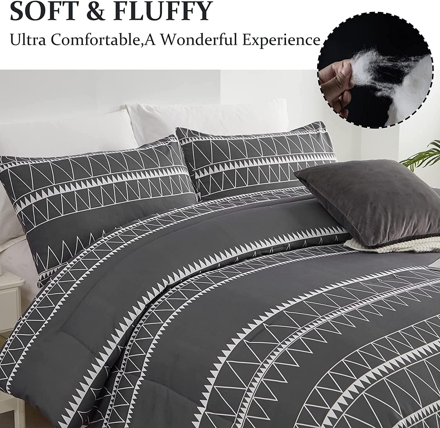 WONGS BEDDING Dark Grey Comforter Set California King, Reversible Boho Triangle Bedding Comforter Set for Cal King Bed 3 Pieces (1 Comforter + 2 Pillowcases), Microfiber Bedding Set 104"x 96"