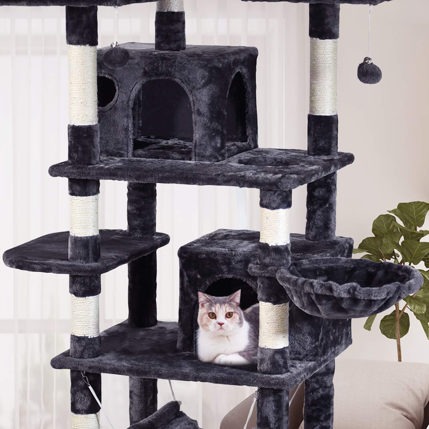 MQ Multi-Level Cat Tree, Activity Center Cat Tower Furniture 67" with Sisal-Covered Scratching Posts 3Pcs Padded Plush Perches Dual Condo & Basket Removable Hammock for Large Small Cats (Smoky Gray) : Pet Supplies