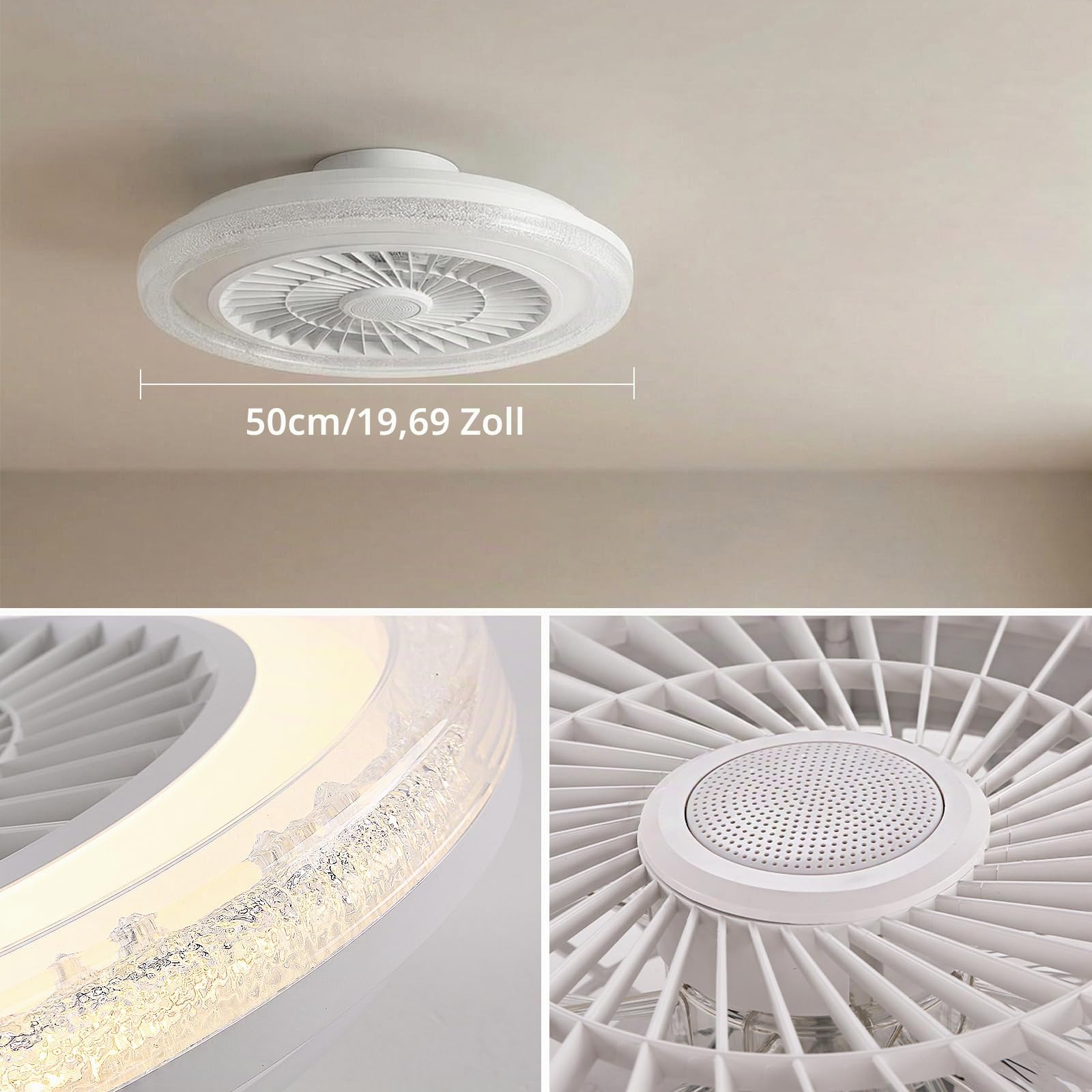 50cm RGB Deckenventilator mit Beleuchtung Musik Lautsprecher Deckenlampe | Fernbedienung und APP Dimmbar, Bluetooth Decken Lampe mit Ventilator Umkehrbar Leise für Schlafzimmer Kinderzimmer