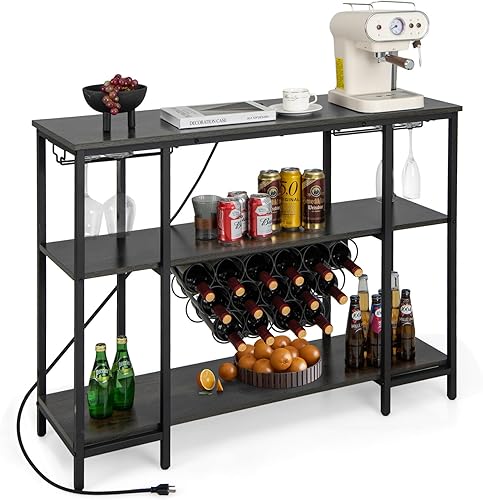 COSTWAY Armario de bar de vino, mini bar de 3 niveles para licor con tomas de corriente, soporte para vidrio, estante de vino, kit antivuelco, mesa