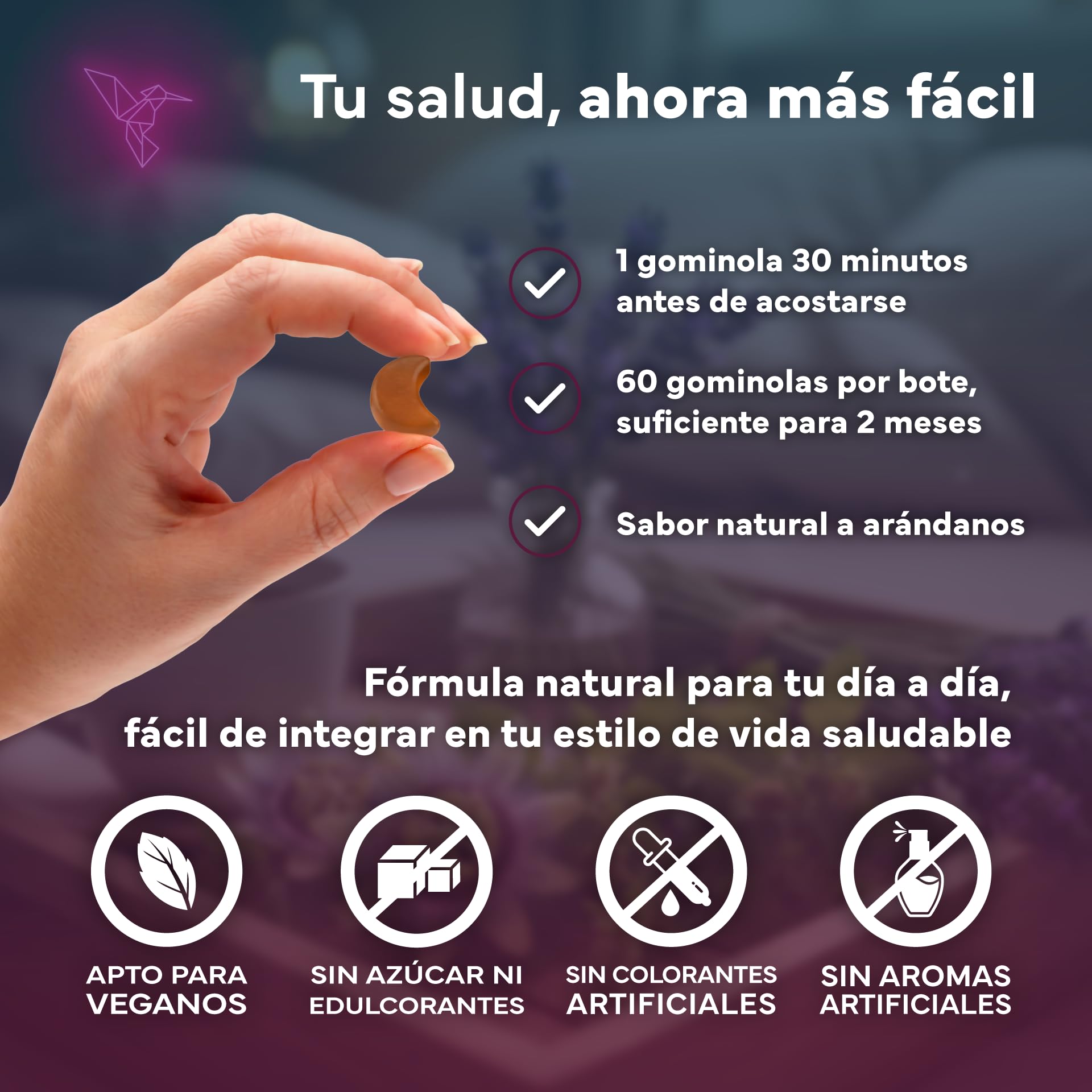 Melatonina Gominolas - Pack Ahorro x2 - Sin Azucar ni Edulcorantes - Gominolas para Dormir Bien - Pasiflora, Manzanilla, Melisa y Vitamina B6 - Sabor Natural a Arándano - Pack de 2x60 Gummies Veganas