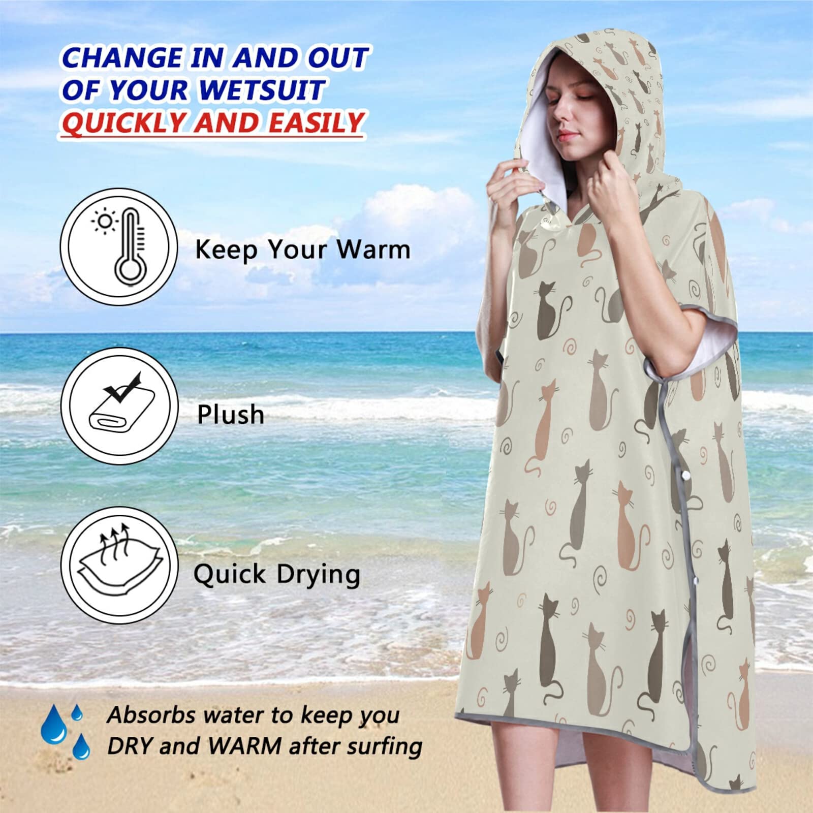 Poncho de surf sans couture avec capuche et poche, séchage rapide, en microfibre, pour le bain, la plage, l'extérieur