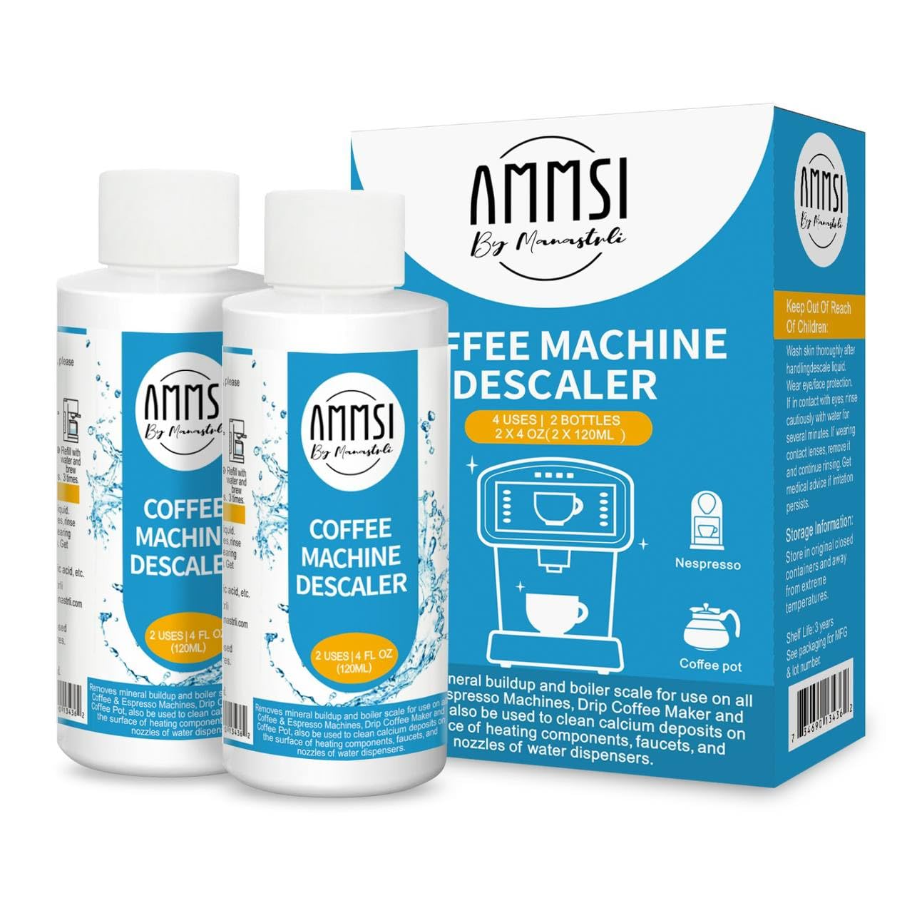 AMMSI By Manastrli Coffee Machine Cleaner and Descaler (2 Pack, 2 Uses Per Bottle) - Universal Coffee Machine Cleaner for Keurig, Delonghi and All Single Use Coffee and Espresso Machines