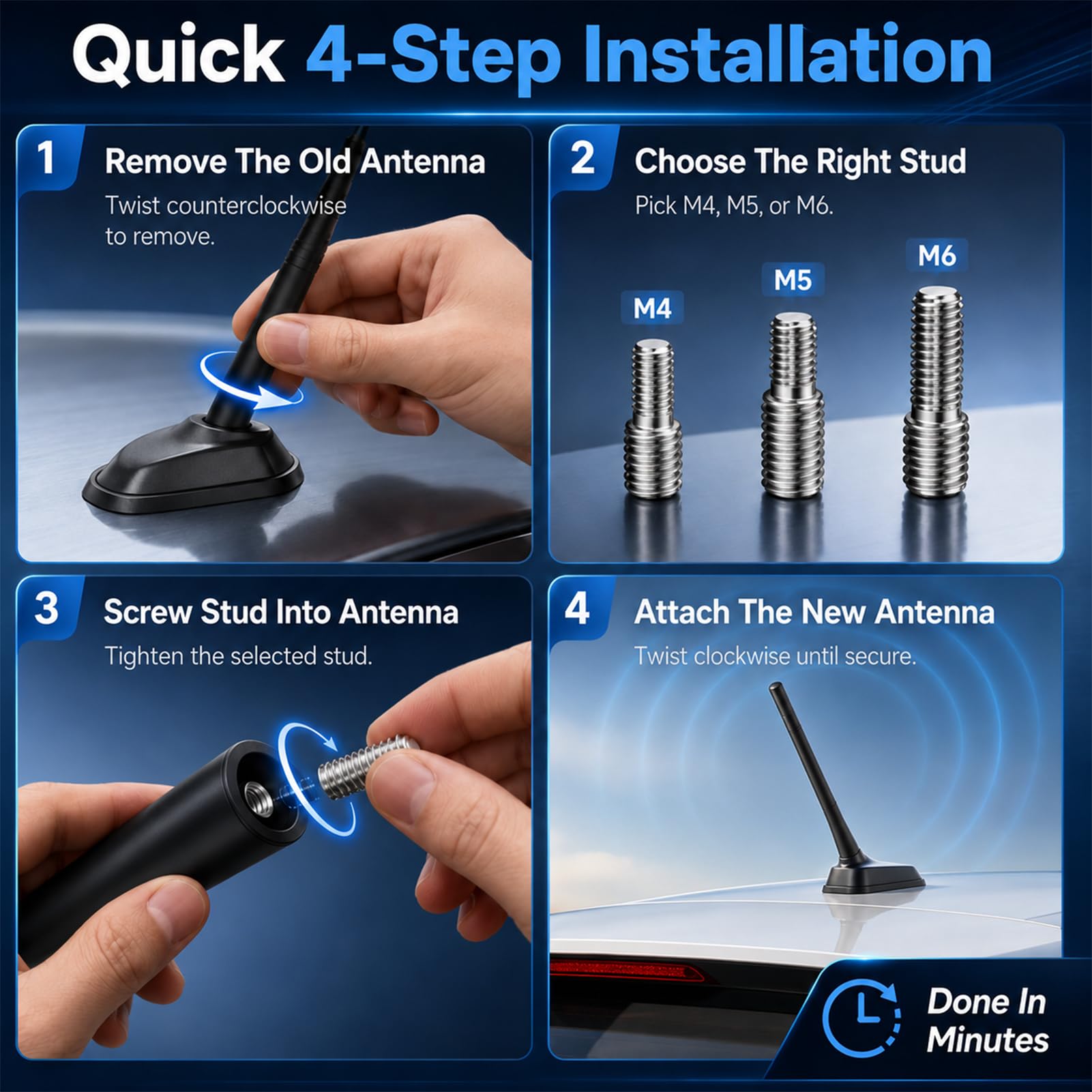 Mini Antenne Auto Kurze Universal, Antenne Dach Auto Ersatz 17,5cm FM/AM/Dab, Empfangsradio Auto Antenne Stig mit Filetage M4 M5 M6 für Alle Fahrzeuge mit Dachadapter