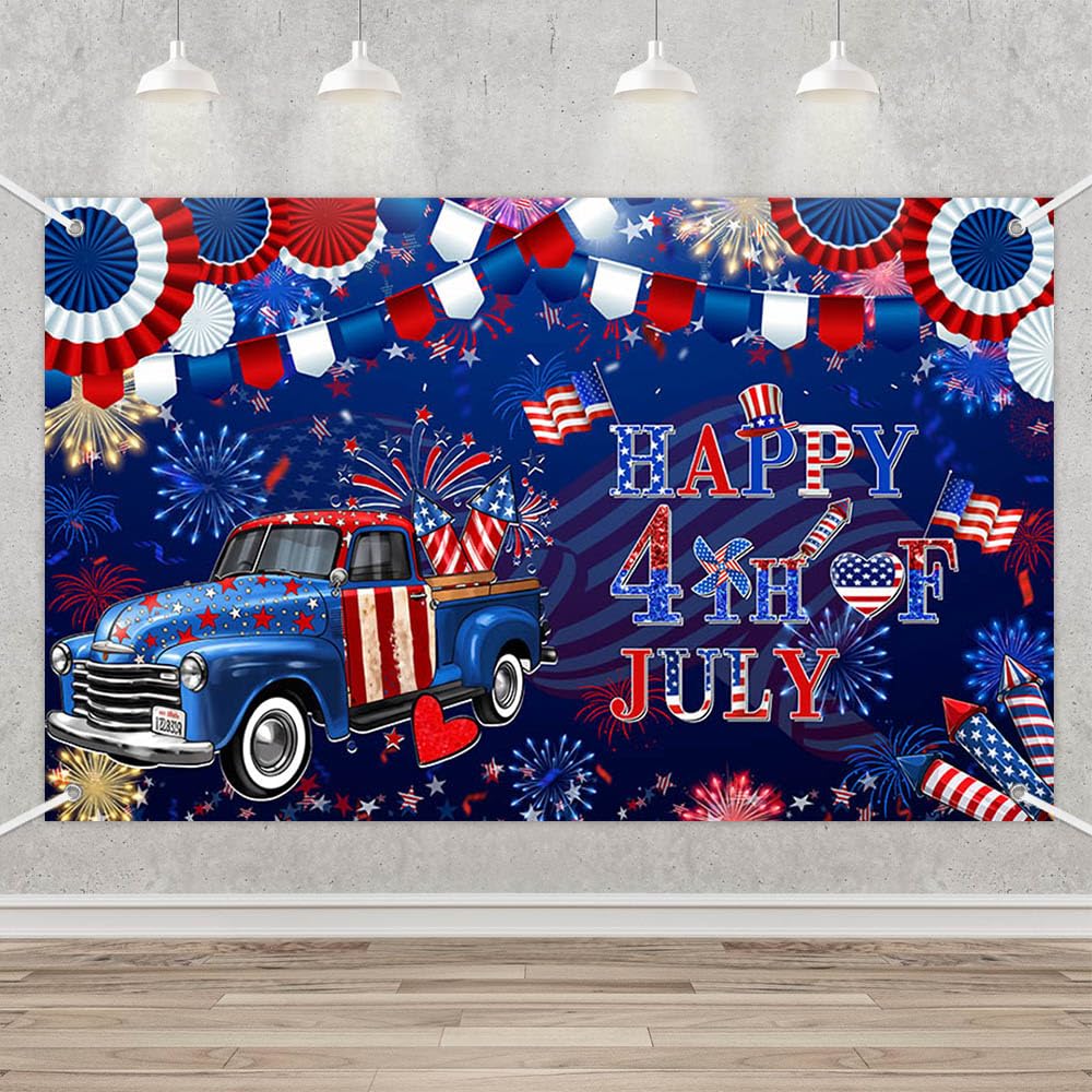 MEHOFOND Happy 4th of July Backdrop Banner, Independence Day Patriotic Theme Bunting Banner, Fourth of July Truck Party Supplies White Blue Red