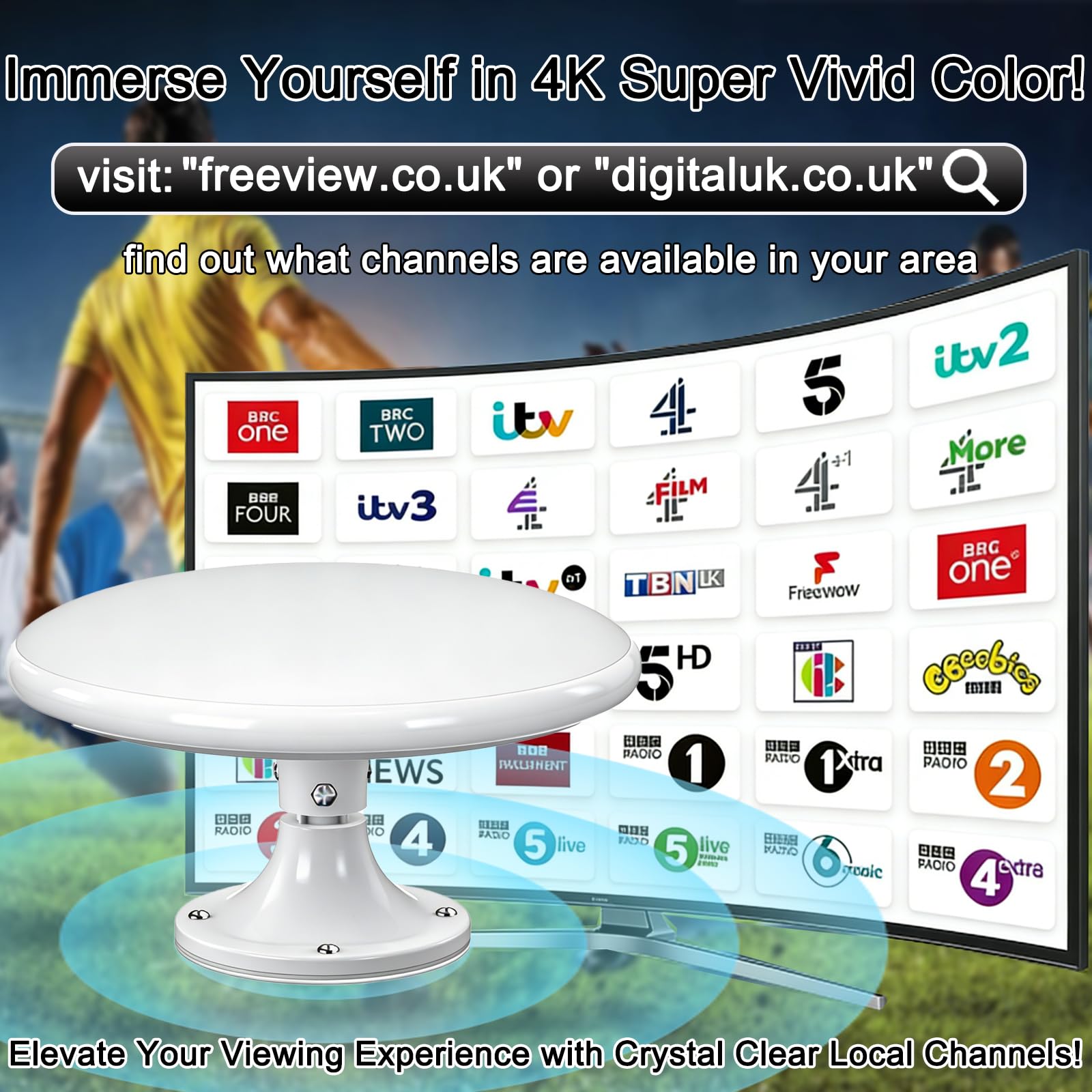 Antenna TV esterna, Freeview HD RV TV, antenna omnidirezionale a lungo raggio a 720°, antenna per ricezione Smart TV, per caravan/camper/camper/yacht/soffitta